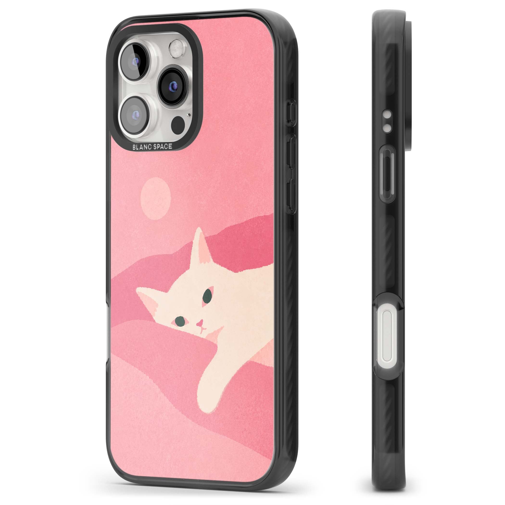 Pink Dreams cute cat iPhone case featuring a white kitten, soft pink hills and a pale pastel sun | Black Impact Magsafe case for iPhone 16 Pro, iPhone 16 Pro Max