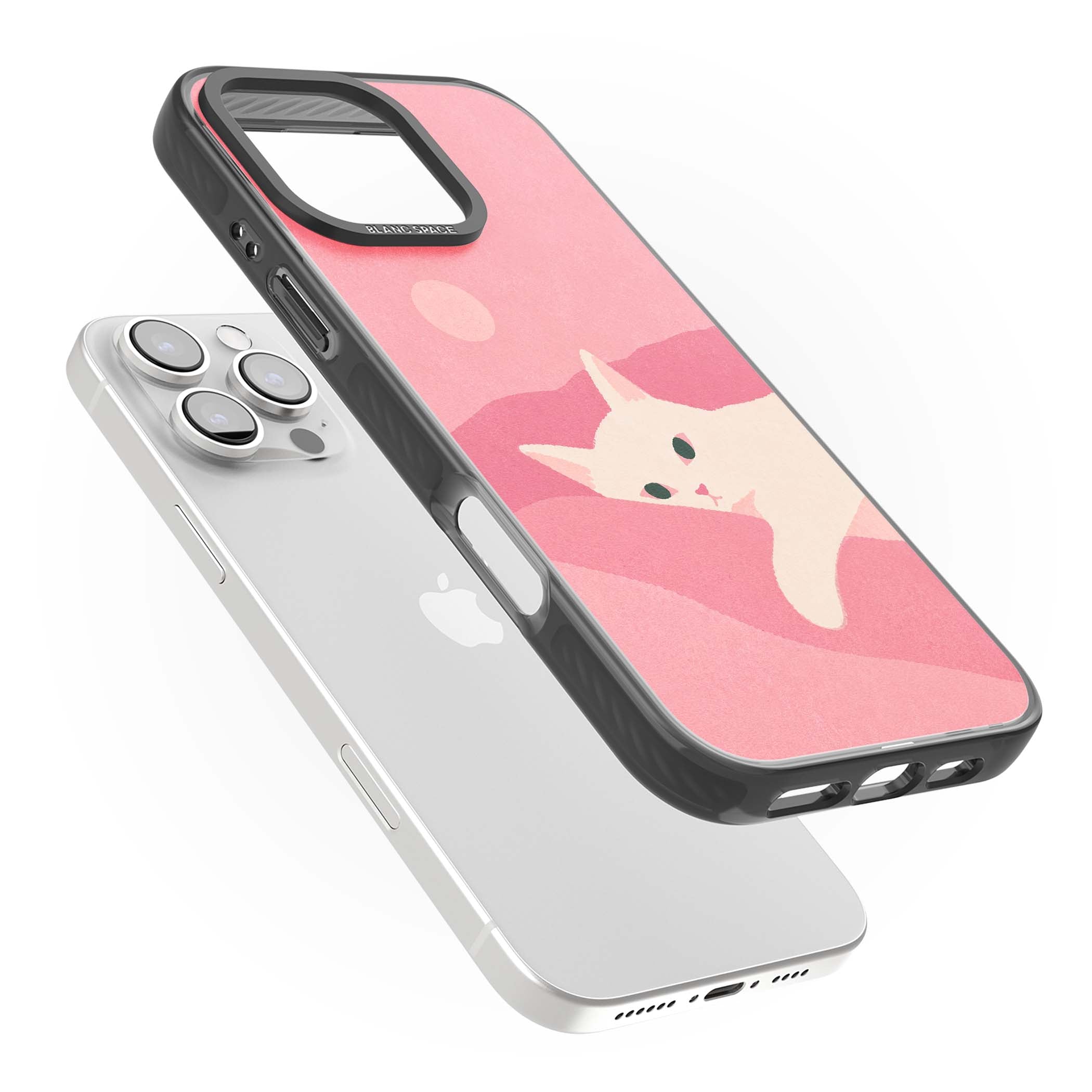 Pink Dreams cute cat iPhone case featuring a white kitten, soft pink hills and a pale pastel sun | Black Impact Magsafe case for iPhone 16 Pro, iPhone 16 Pro Max