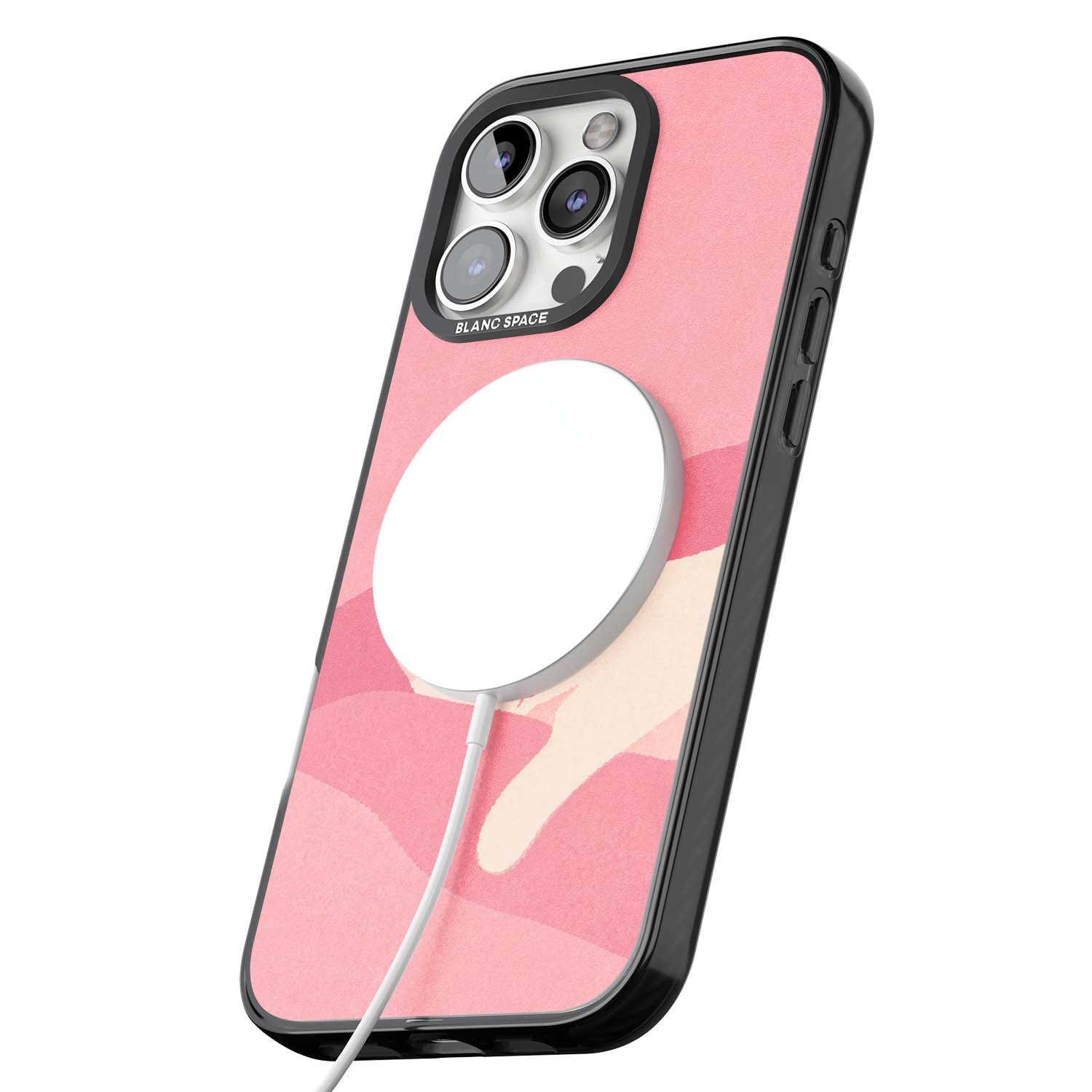 Pink Dreams cute cat iPhone case featuring a white kitten, soft pink hills and a pale pastel sun | Black Impact Magsafe case for iPhone 16 Pro, iPhone 16 Pro Max