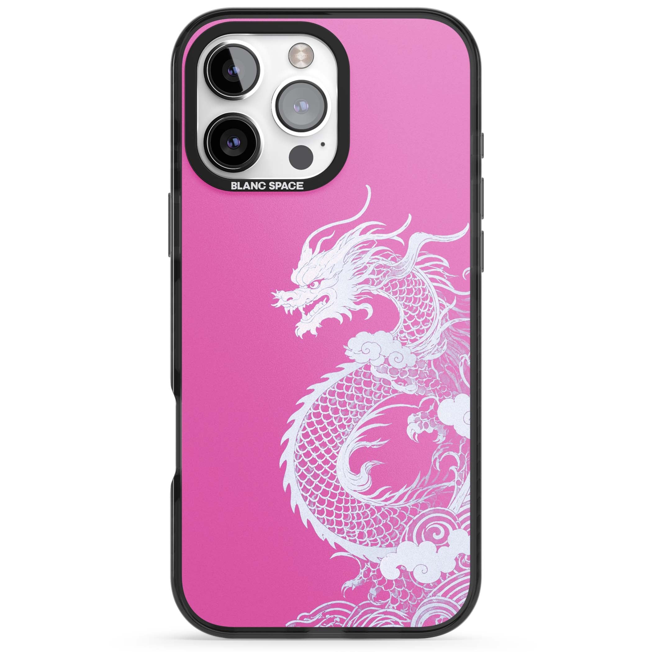 Pink Empress chinese dragon iPhone case featuring a white dragon, swirling clouds and pink dragon wallpaper backdrop | Black Impact Magsafe case for iPhone 16 Pro, iPhone 16 Pro Max