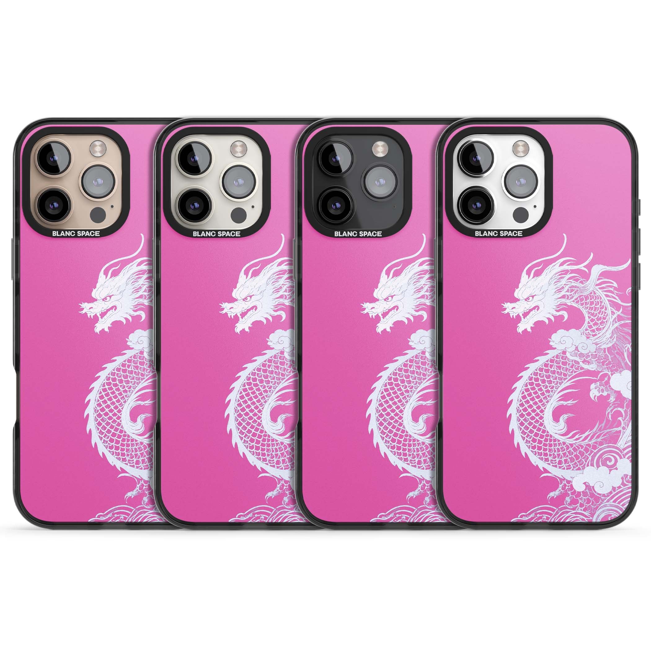 Pink Empress chinese dragon iPhone case featuring a white dragon, swirling clouds and pink dragon wallpaper backdrop | Black Impact Magsafe case for iPhone 16 Pro, iPhone 16 Pro Max