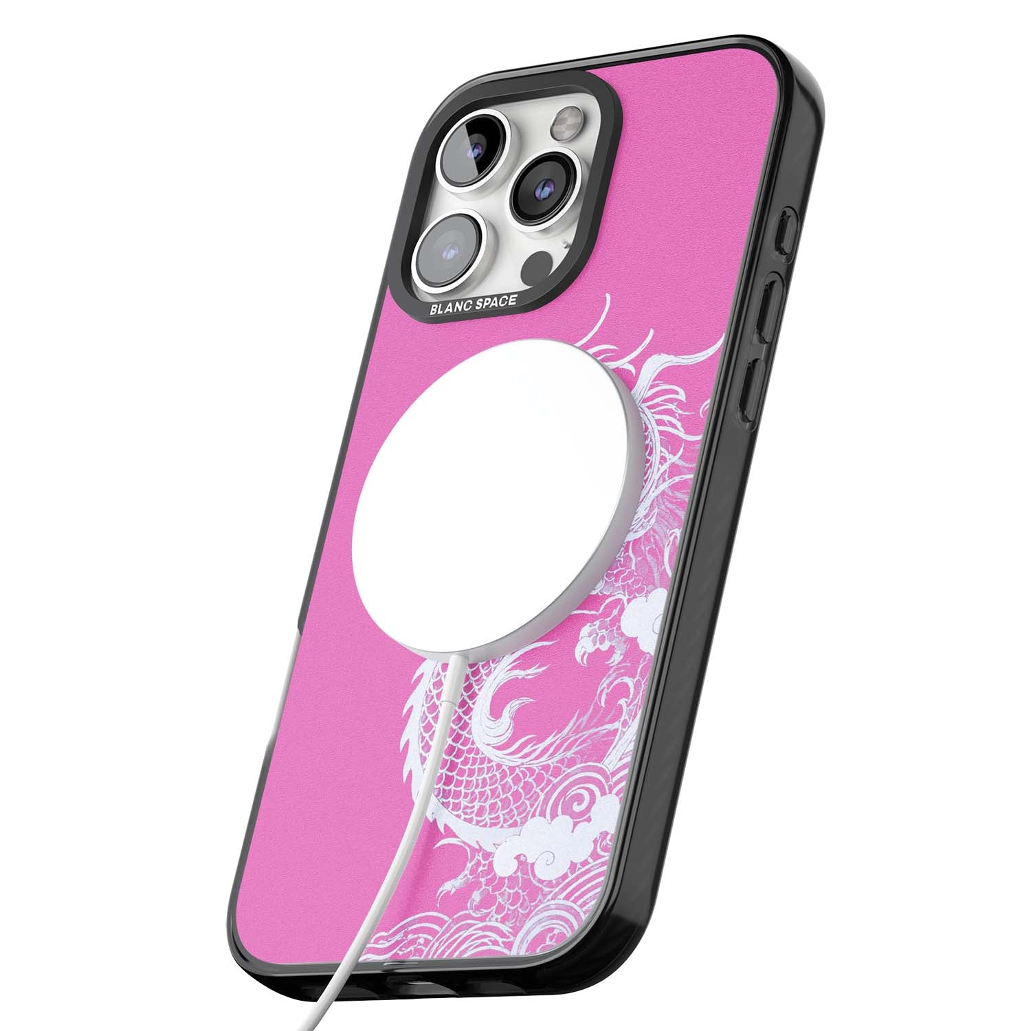 Pink Empress chinese dragon iPhone case featuring a white dragon, swirling clouds and pink dragon wallpaper backdrop | Black Impact Magsafe case for iPhone 16 Pro, iPhone 16 Pro Max
