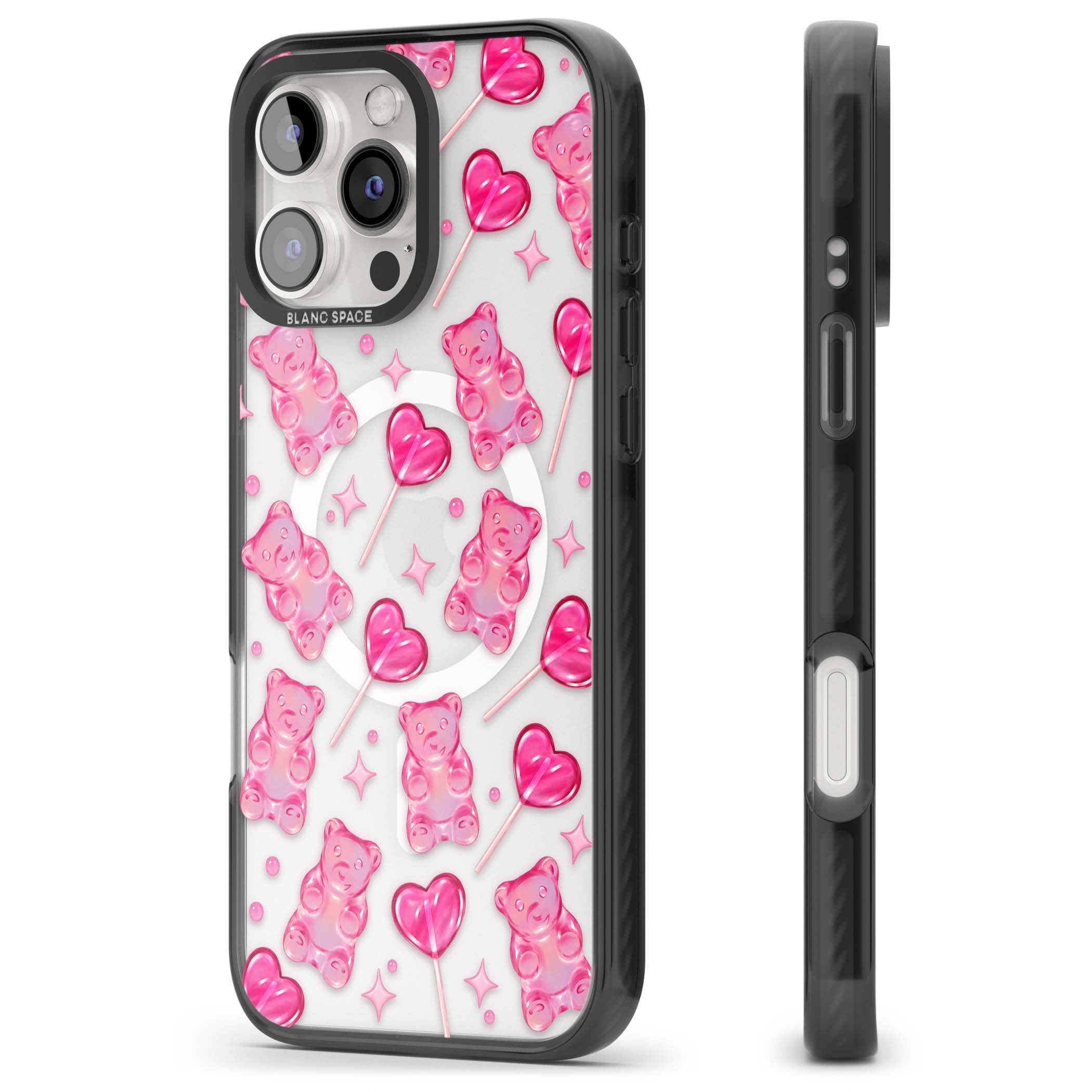 Pink Sugar pinkcore iPhone case featuring pink gummy bears, heart-shaped lollipops and sparkle stars | Black Impact Magsafe case for iPhone 16 Pro, iPhone 16 Pro Max