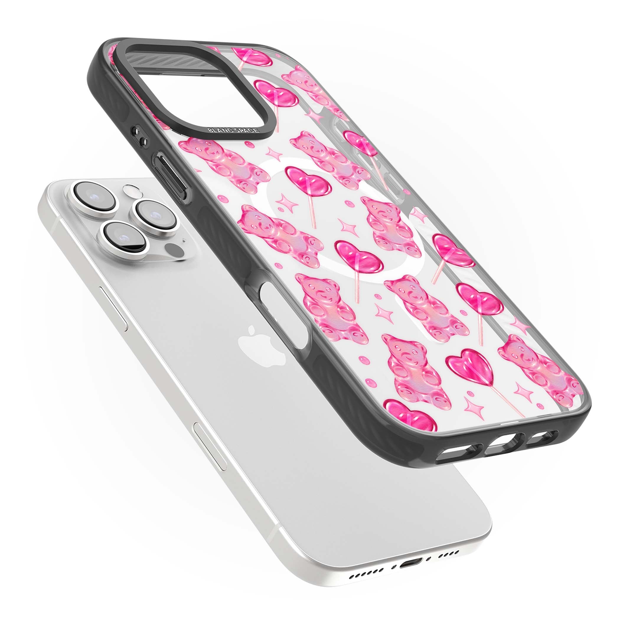 Pink Sugar pinkcore iPhone case featuring pink gummy bears, heart-shaped lollipops and sparkle stars | Black Impact Magsafe case for iPhone 16 Pro, iPhone 16 Pro Max