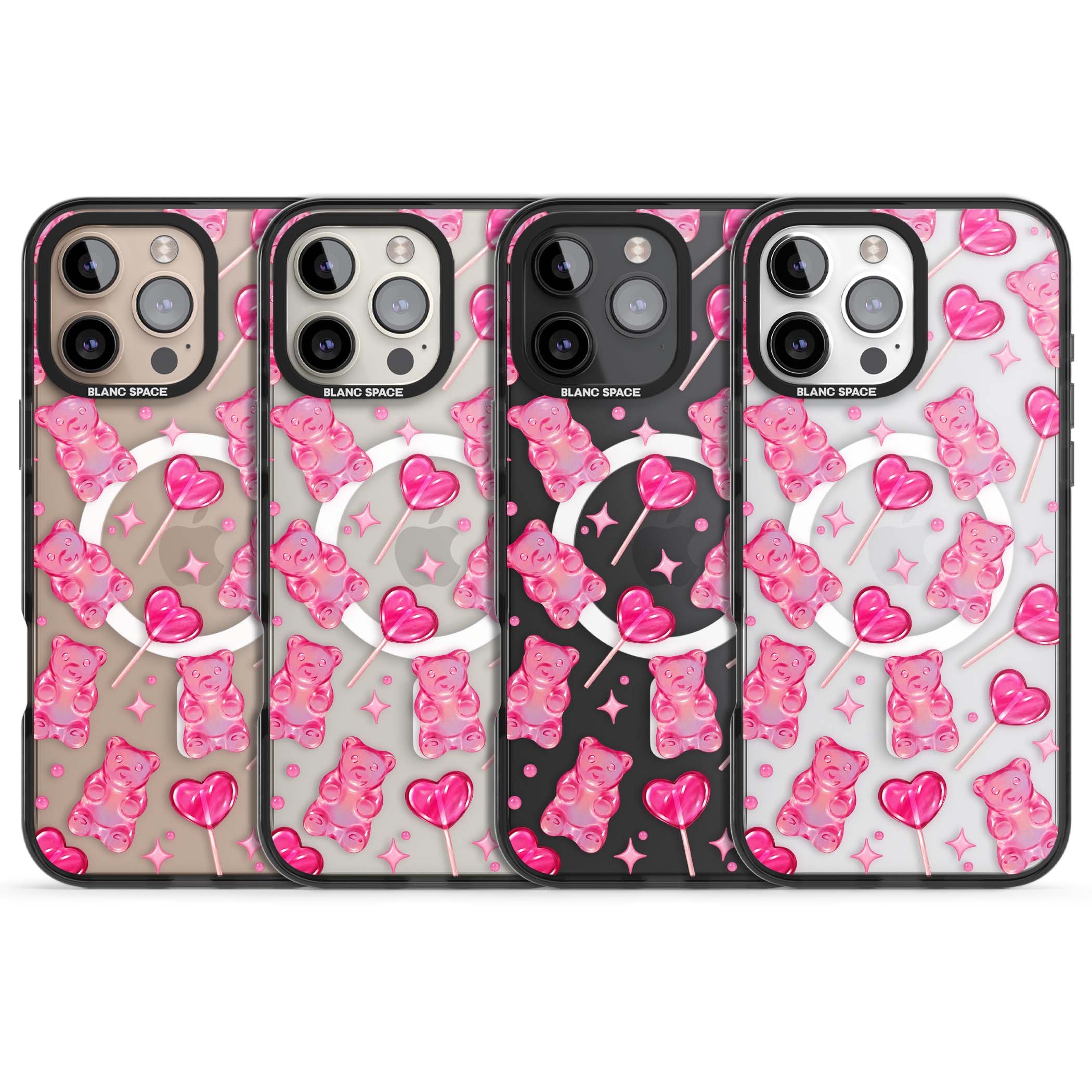 Pink Sugar pinkcore iPhone case featuring pink gummy bears, heart-shaped lollipops and sparkle stars | Black Impact Magsafe case for iPhone 16 Pro, iPhone 16 Pro Max