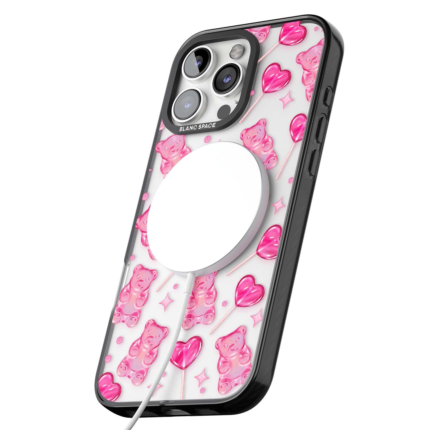 Pink Sugar pinkcore iPhone case featuring pink gummy bears, heart-shaped lollipops and sparkle stars | Black Impact Magsafe case for iPhone 16 Pro, iPhone 16 Pro Max