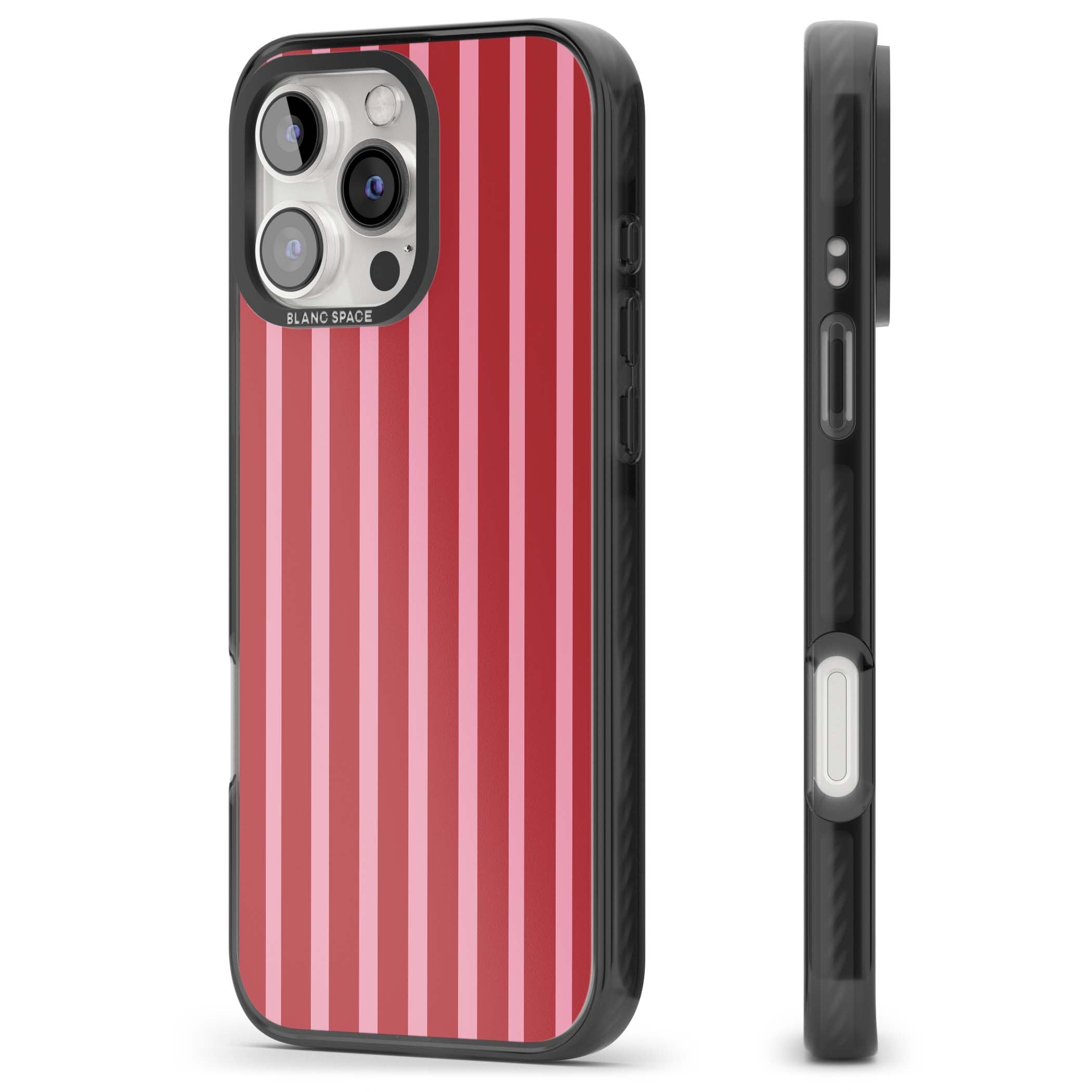 Raspberry Stripe coquette iPhone case featuring red and pink vertical stripes in a candy-inspired pattern | Black Impact Magsafe case for iPhone 16 Pro, iPhone 16 Pro Max