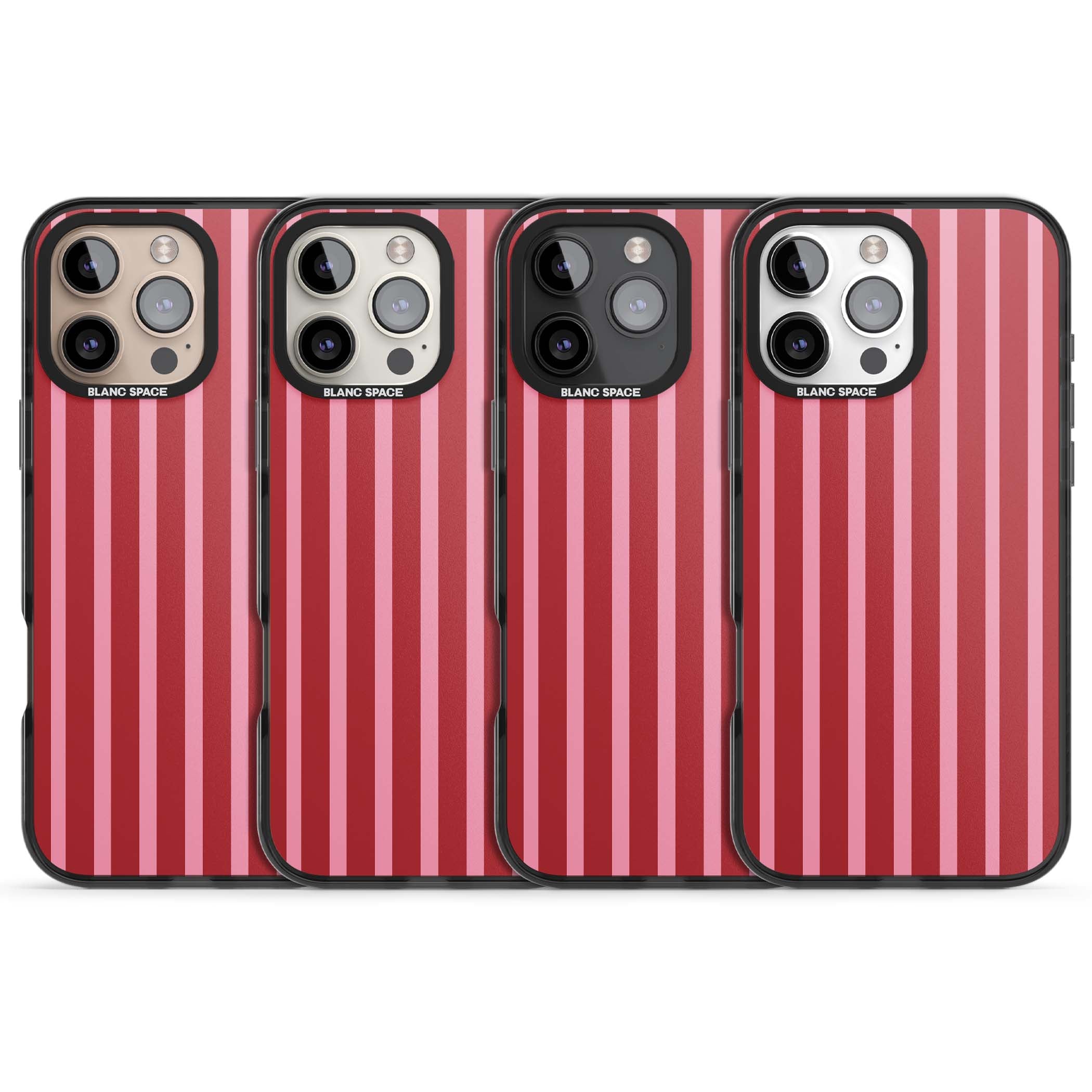 Raspberry Stripe coquette iPhone case featuring red and pink vertical stripes in a candy-inspired pattern | Black Impact Magsafe case for iPhone 16 Pro, iPhone 16 Pro Max