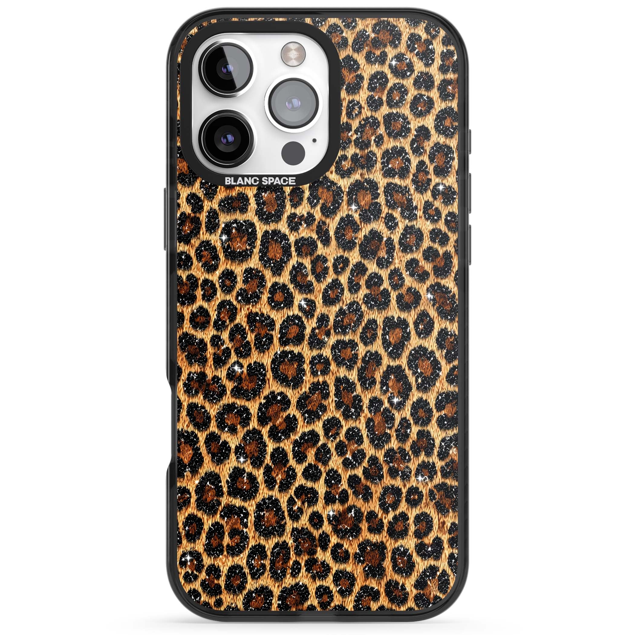 Diamond Leopard leopard print iPhone case featuring golden tan fur, black rosette spots and subtle glitter sparkle | Black Impact Magsafe case for iPhone 16 Pro, iPhone 16 Pro Max