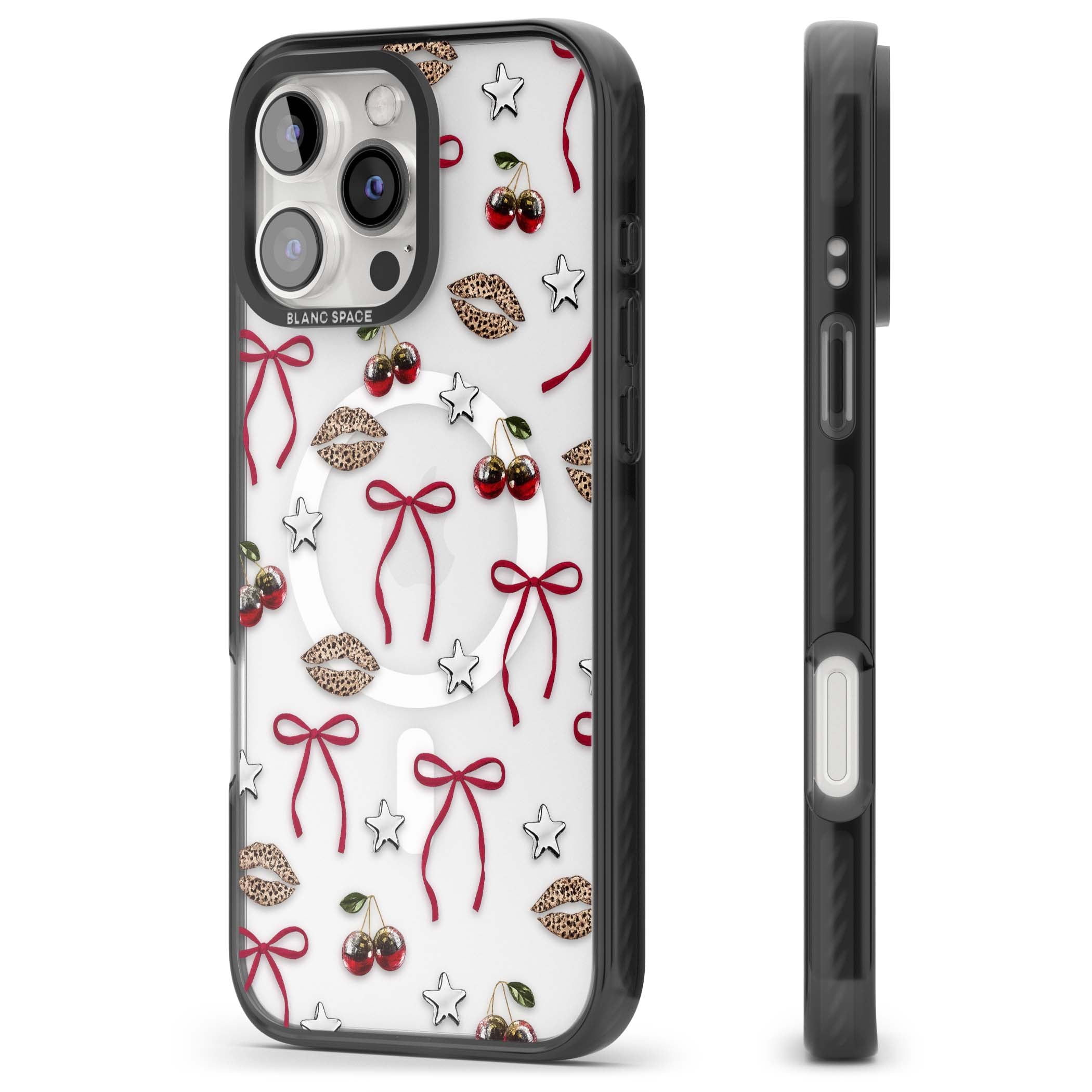 Starlet coquette iPhone case featuring red ribbon bows, disco cherries and leopard-print lips | Black Impact Magsafe case for iPhone 16 Pro, iPhone 16 Pro Max