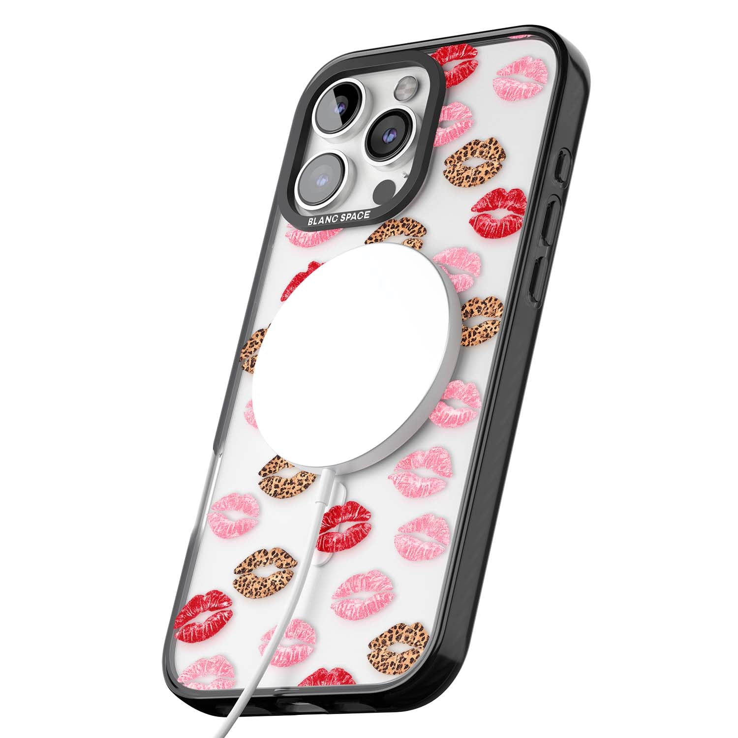 Wild Kisses coquette iPhone case featuring red, pink and leopard print lipstick kiss marks on a clear background | Black Impact Magsafe case for iPhone 16 Pro, iPhone 16 Pro Max