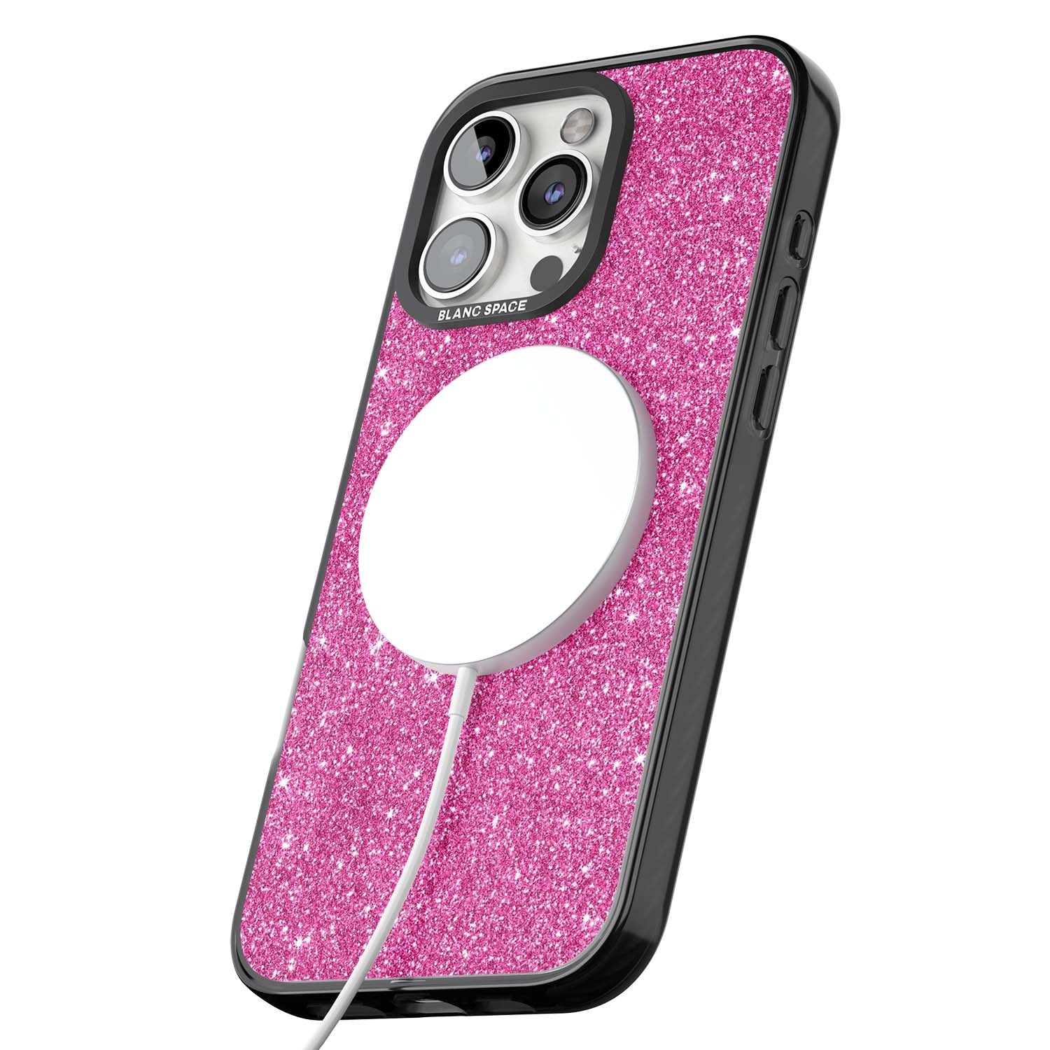 Pink Glitter Y2K iPhone case featuring hot pink glitter wallpaper with sparkle shimmer effect | Black Impact Magsafe case for iPhone 16 Pro, iPhone 16 Pro Max