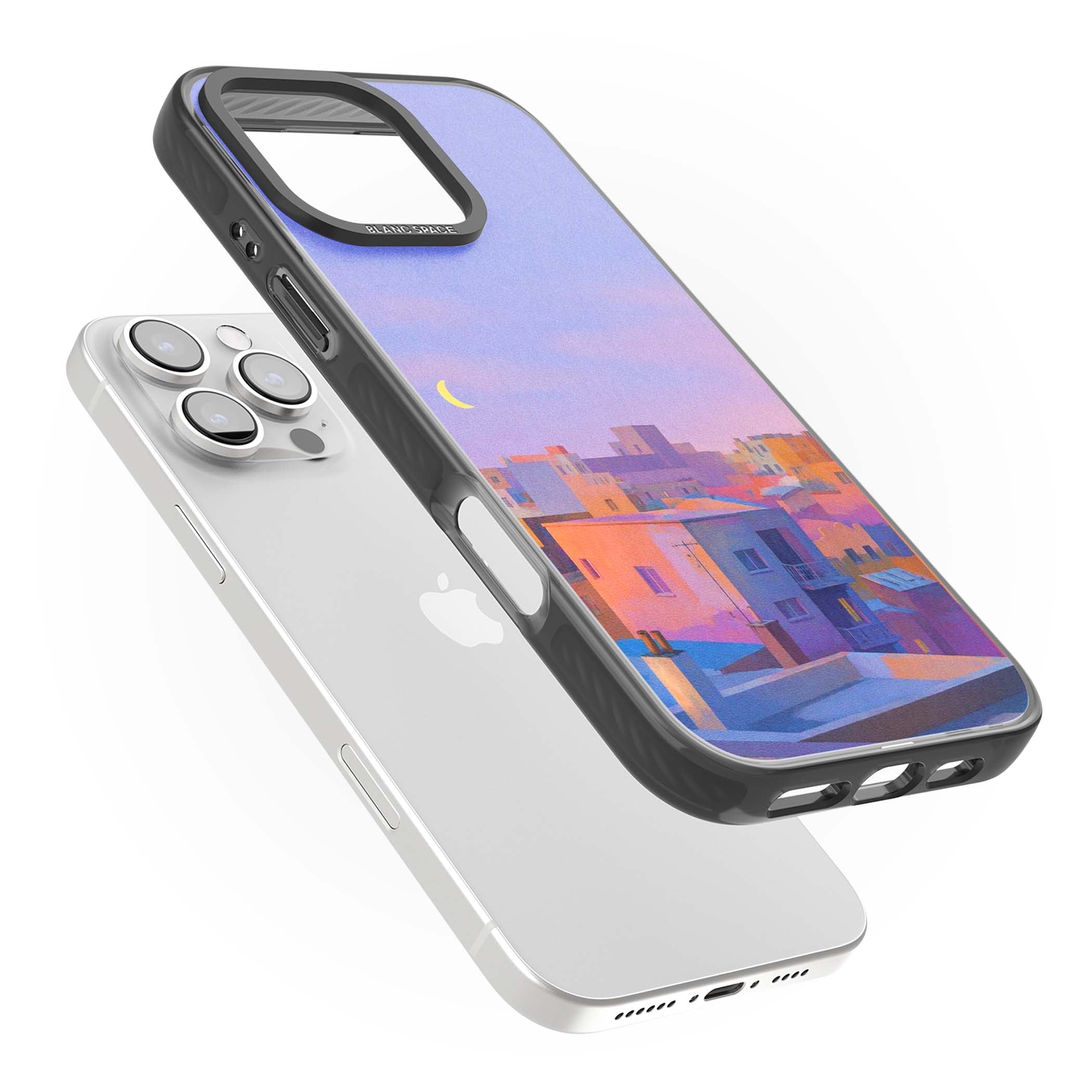 Twilight Rooftops vaporwave iPhone case featuring a pastel sunset cityscape, painted rooftops and a crescent moon. | Black Impact Magsafe case for iPhone 16 Pro, iPhone 16 Pro Max