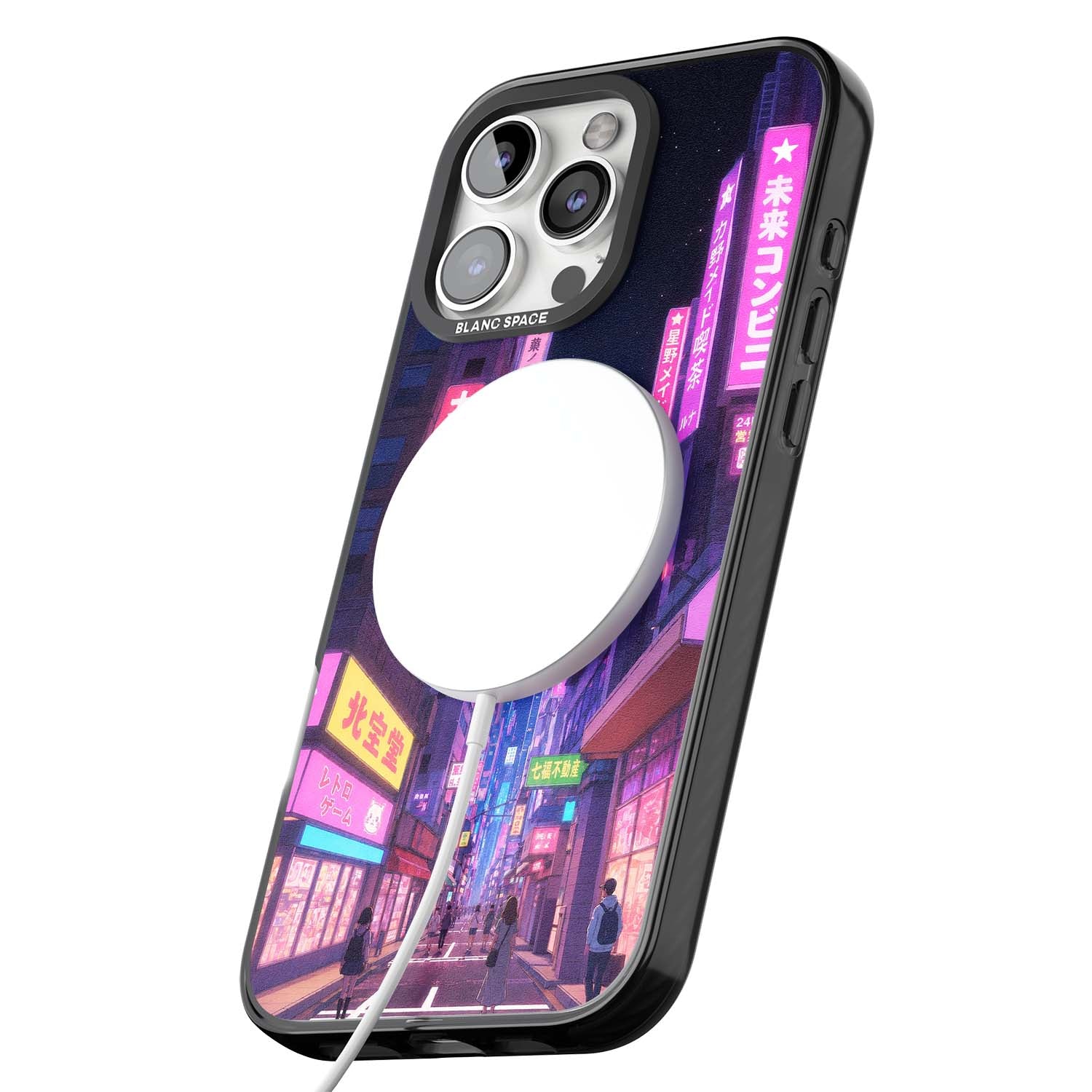 Shibuya At Night Japanese neon city iPhone case featuring glowing kanji signs, pink storefronts and a Tokyo street at n | Black Impact Magsafe case for iPhone 16 Pro, iPhone 16 Pro Max