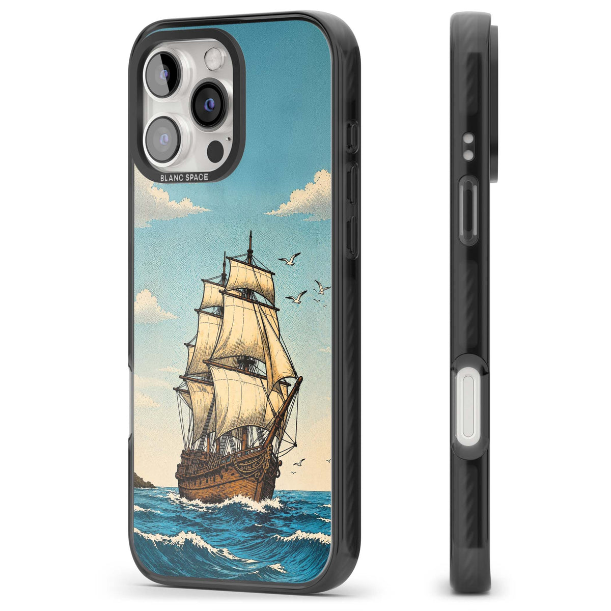 Ship at Sea nautical iPhone case featuring a vintage tall ship, ocean waves and seagulls | Black Impact Magsafe case for iPhone 16 Pro, iPhone 16 Pro Max