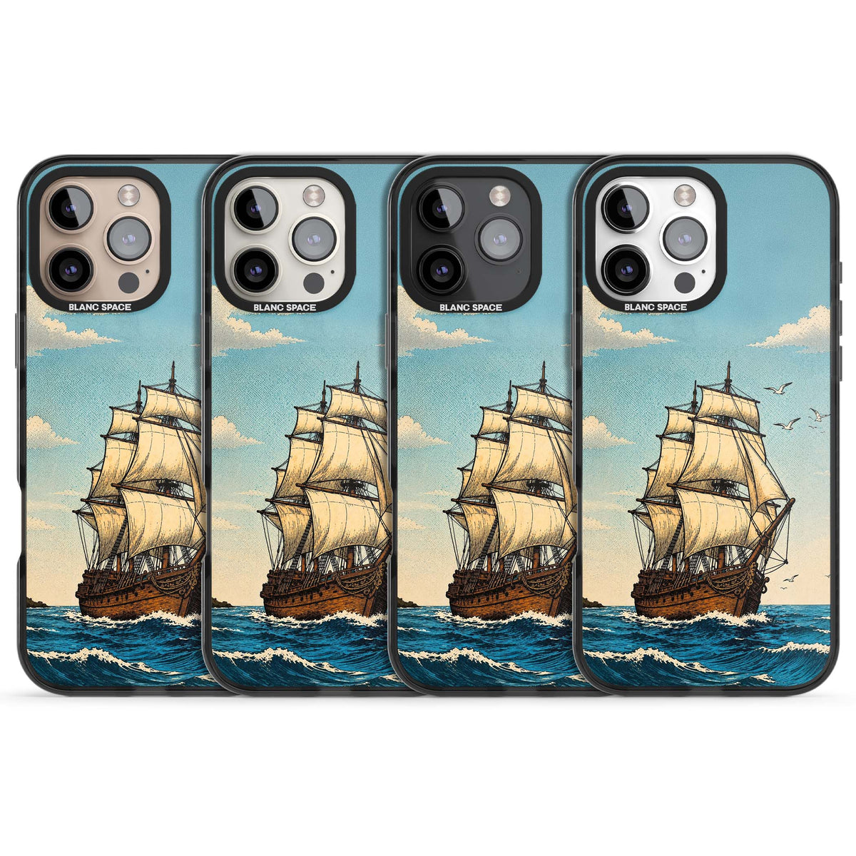Ship at Sea nautical iPhone case featuring a vintage tall ship, ocean waves and seagulls | Black Impact Magsafe case for iPhone 16 Pro, iPhone 16 Pro Max