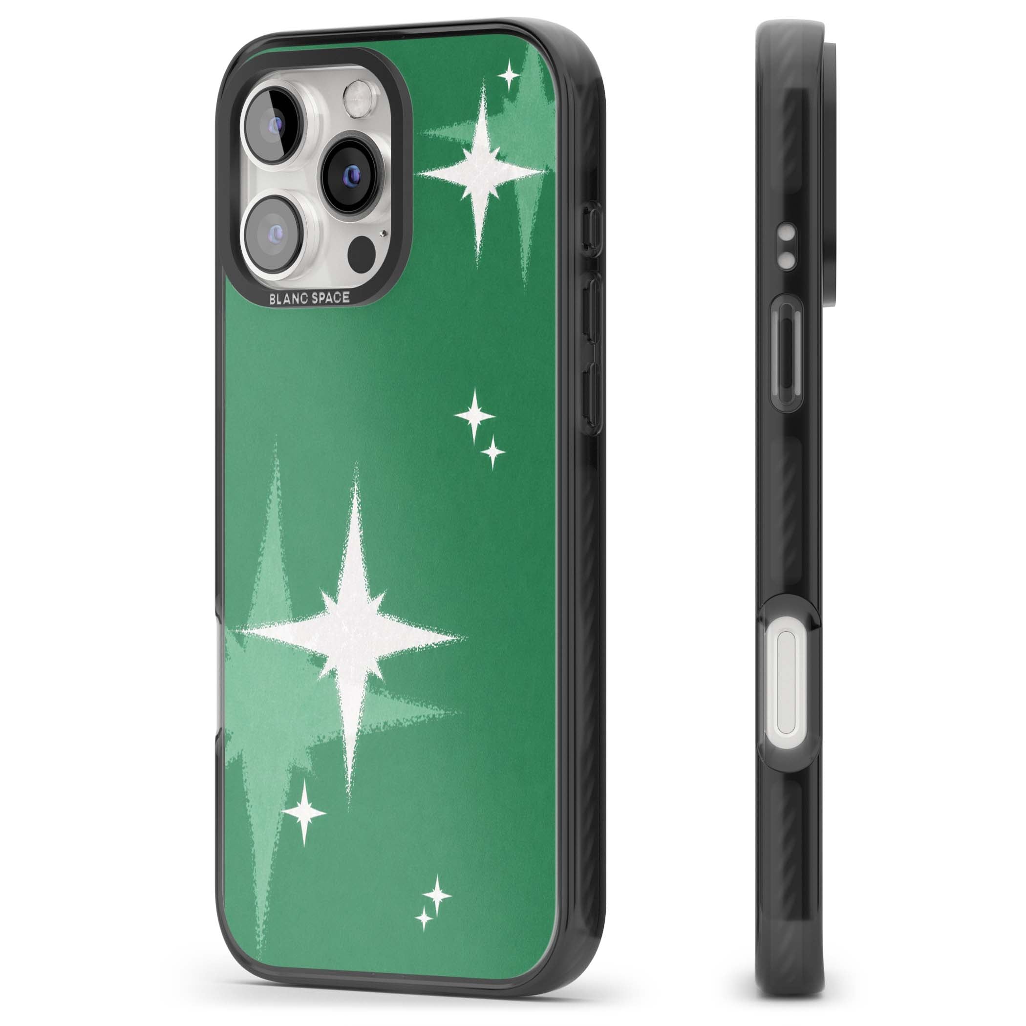 Green Sparkle celestial iPhone case featuring sparkling white four-point stars on a deep green background | Black Impact Magsafe case for iPhone 16 Pro, iPhone 16 Pro Max