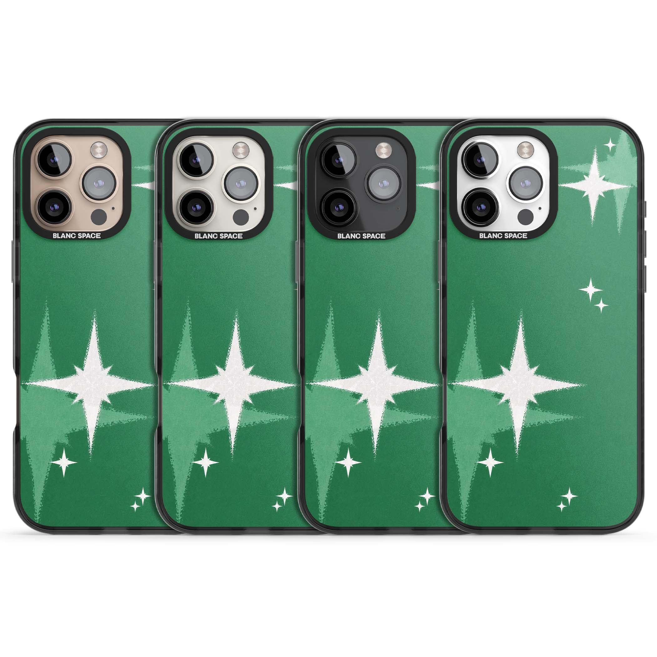 Green Sparkle celestial iPhone case featuring sparkling white four-point stars on a deep green background | Black Impact Magsafe case for iPhone 16 Pro, iPhone 16 Pro Max