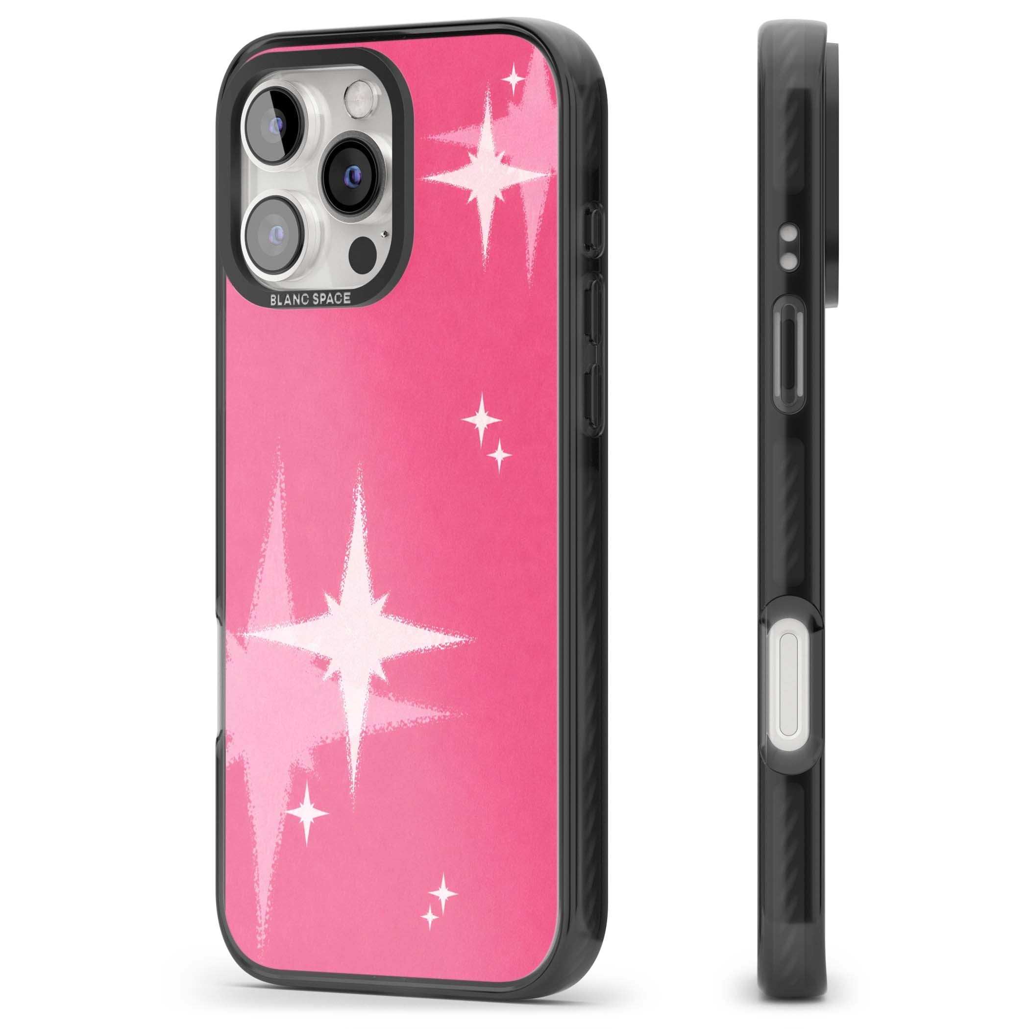 Pink Sparkle Y2K iPhone case featuring hot pink background with shimmering white starburst pattern | Black Impact Magsafe case for iPhone 16 Pro, iPhone 16 Pro Max