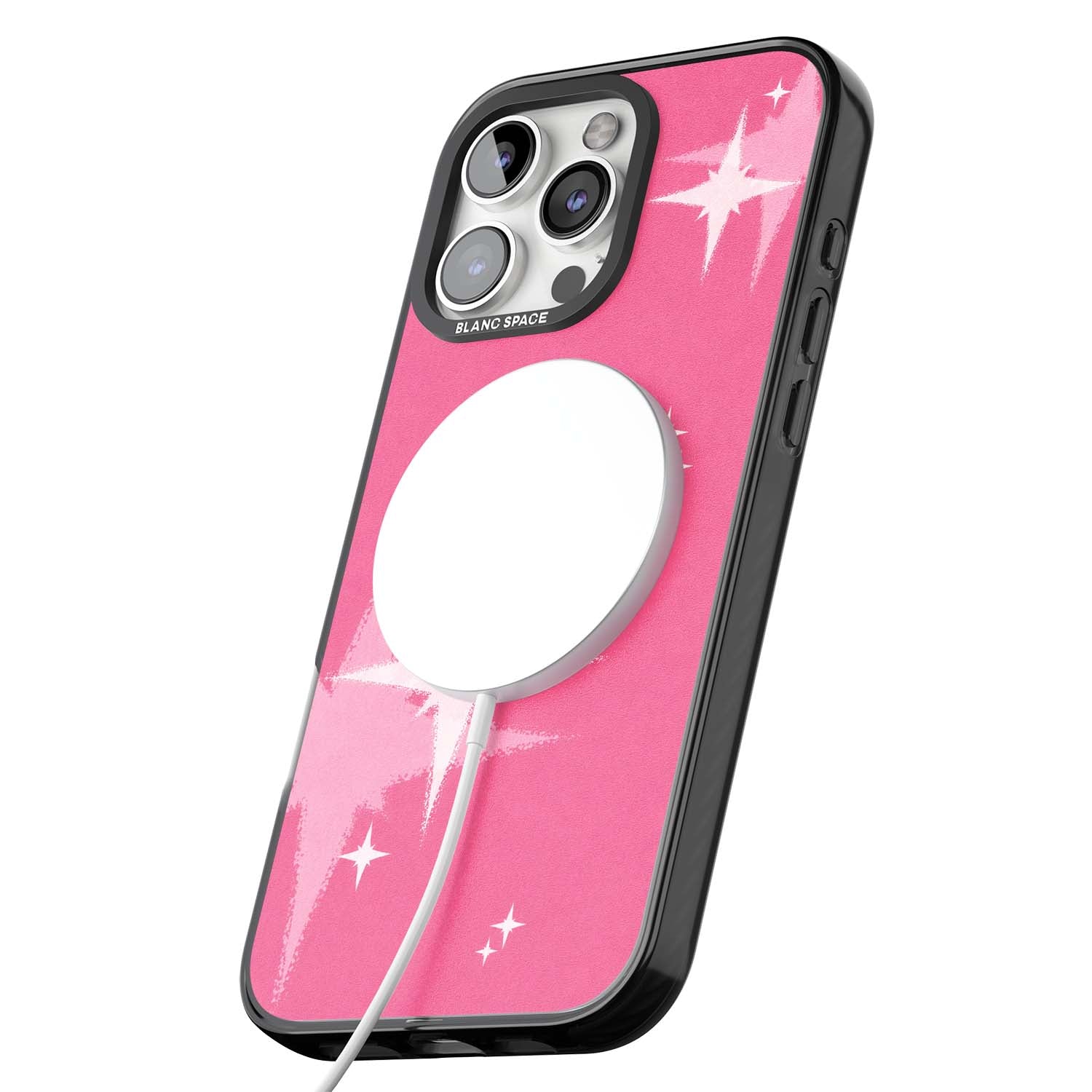 Pink Sparkle Y2K iPhone case featuring hot pink background with shimmering white starburst pattern | Black Impact Magsafe case for iPhone 16 Pro, iPhone 16 Pro Max