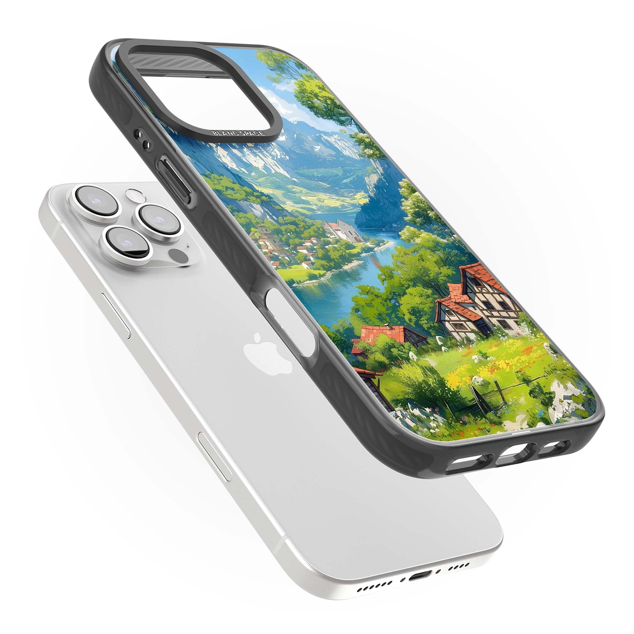 Village In The Valley anime iPhone case featuring a painted mountain village, river valley and half-timbered cottages. | Black Impact Magsafe case for iPhone 16 Pro, iPhone 16 Pro Max