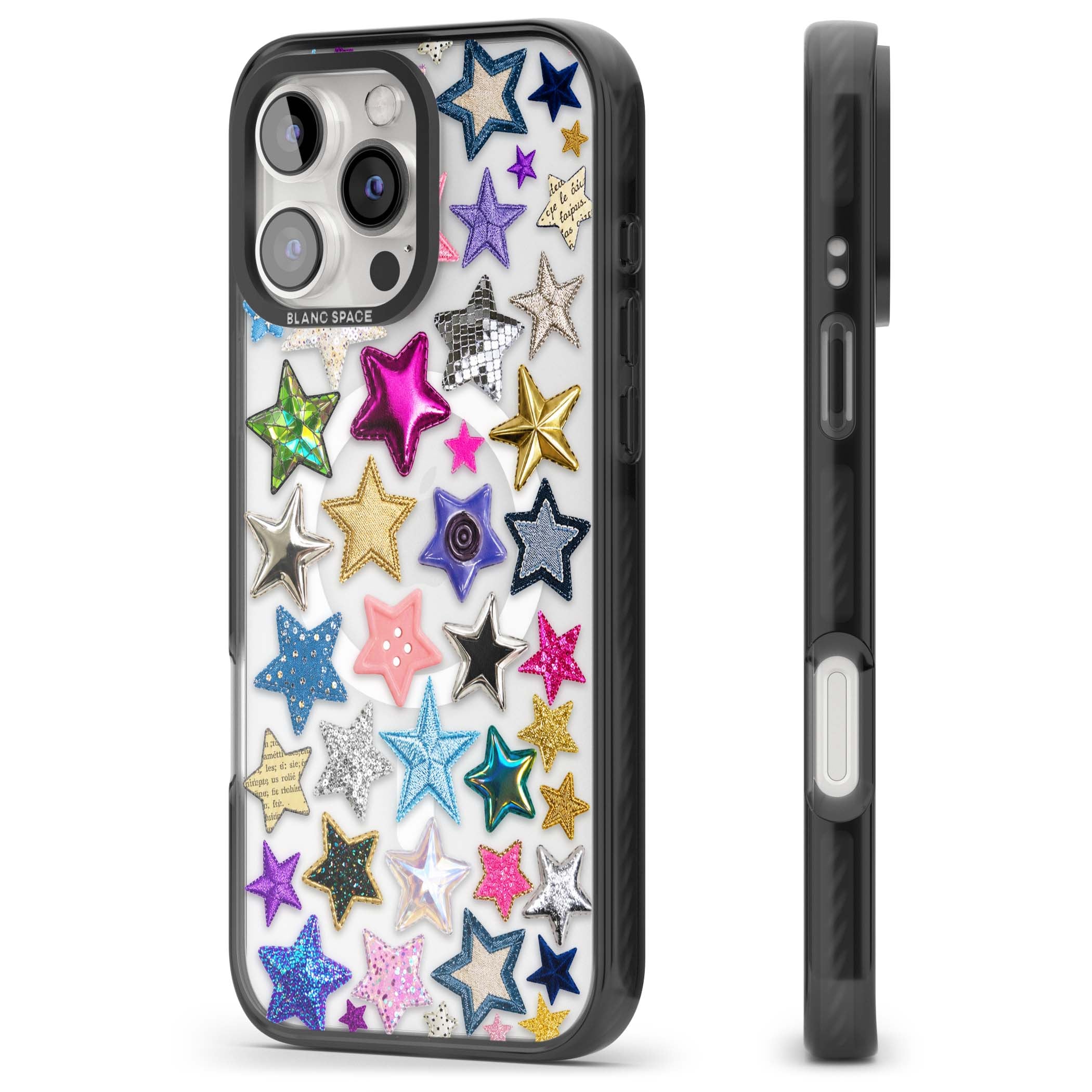 Crafty Star Mix Y2K iPhone case featuring embroidered, sequinned and glitter star patches in rainbow colours | Black Impact Magsafe case for iPhone 16 Pro, iPhone 16 Pro Max