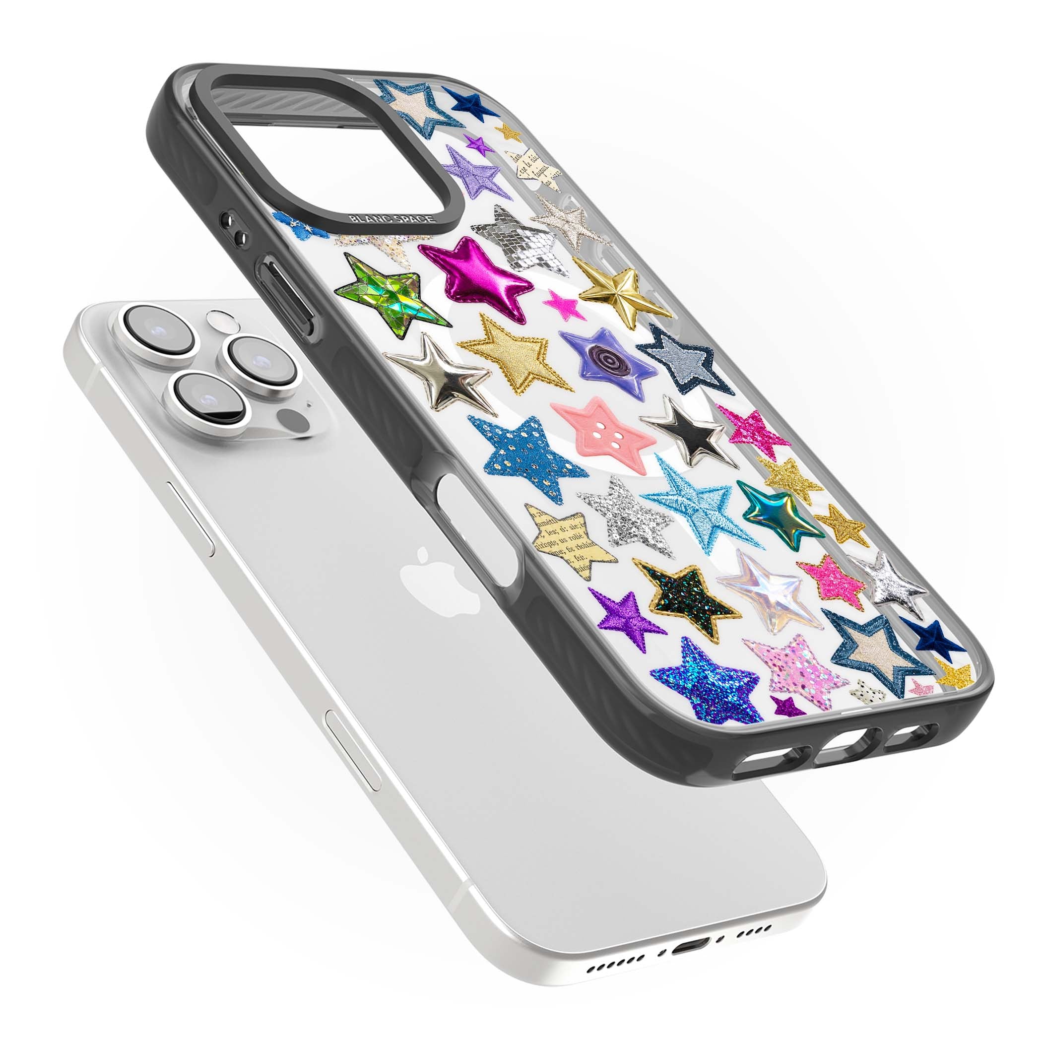 Crafty Star Mix Y2K iPhone case featuring embroidered, sequinned and glitter star patches in rainbow colours | Black Impact Magsafe case for iPhone 16 Pro, iPhone 16 Pro Max