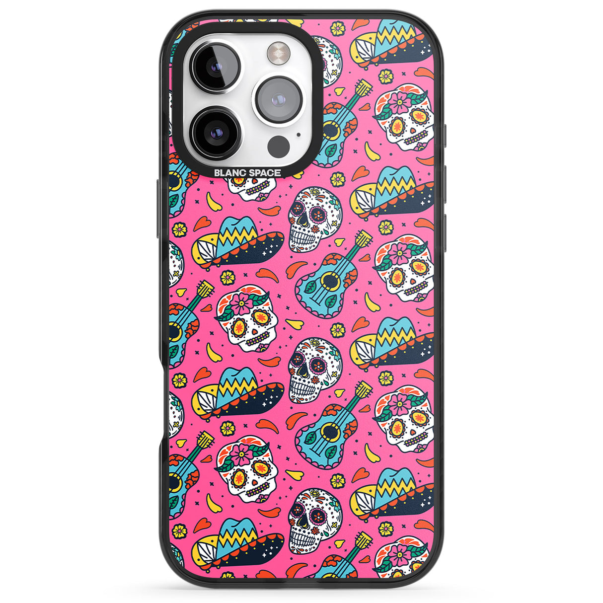 iPhone 16 Pro Max Pink Day of The Dead Pattern Black Impact Phone Case