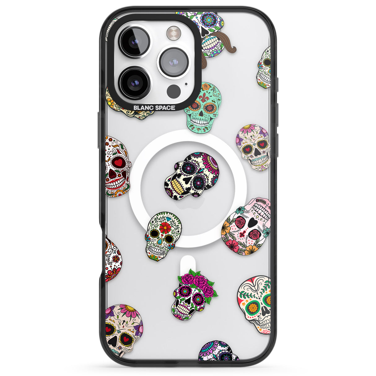 iPhone 16 Pro Max Mixed Sugar Skull Pattern Black Impact Phone Case