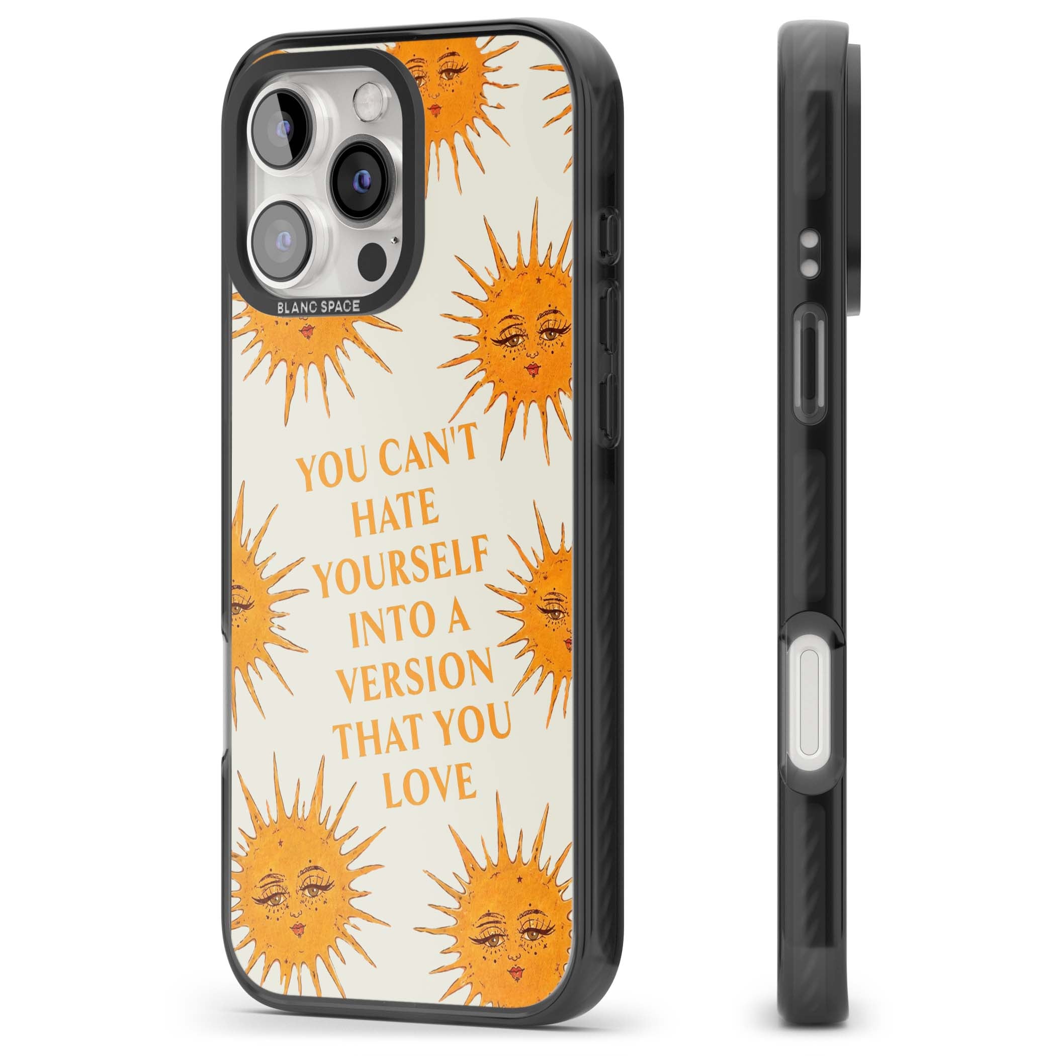 Don't Hate Yourself celestial iPhone case featuring vintage sun faces, ochre rays and a self-love quote | Black Impact Magsafe case for iPhone 16 Pro, iPhone 16 Pro Max
