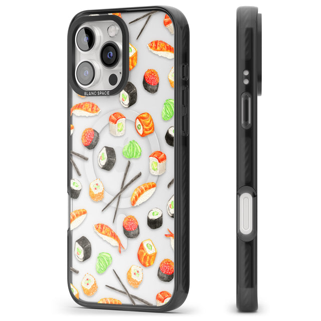 iPhone 16 Pro Max Sushi & Chopsticks Watercolour Pattern Black Impact Phone Case