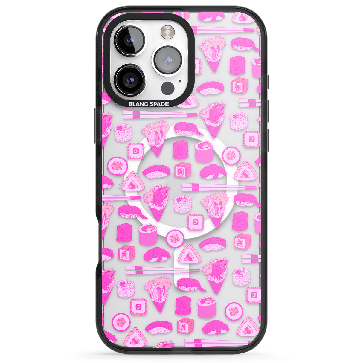 iPhone 16 Pro Max Bright Pink Sushi Pattern Black Impact Phone Case