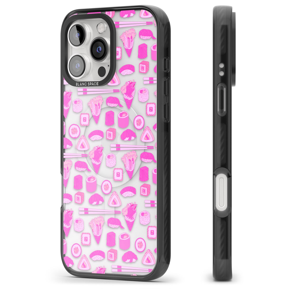 iPhone 16 Pro Max Bright Pink Sushi Pattern Black Impact Phone Case