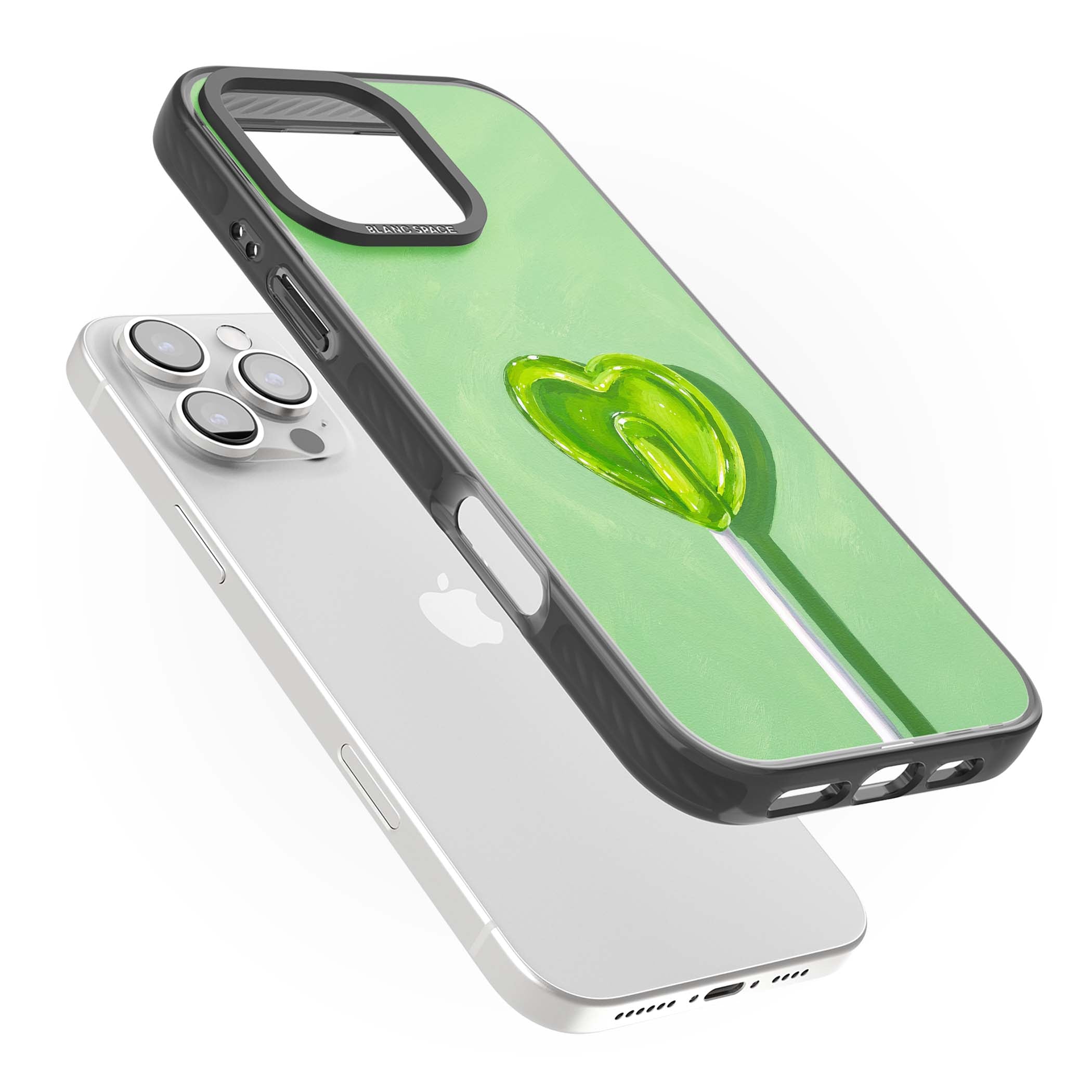 Green Lollipop candy art iPhone case featuring a glossy green heart-shaped lollipop on a painted pastel green background | Black Impact Magsafe case for iPhone 16 Pro, iPhone 16 Pro Max