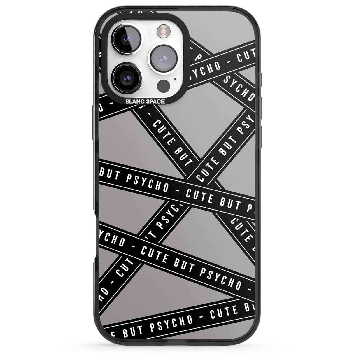 iPhone 16 Pro Max Caution Tape Phrases Cute But Psycho Black Impact Phone Case