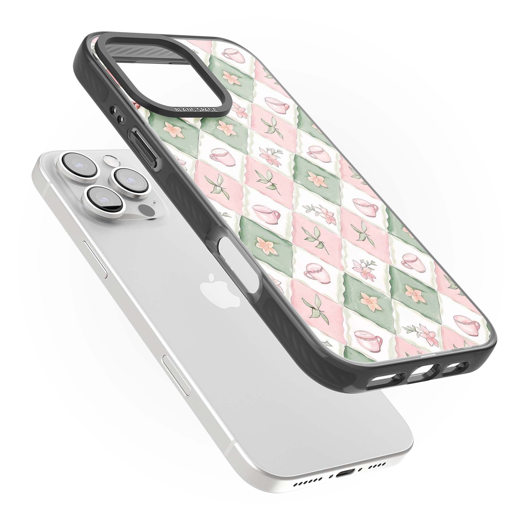 Garden Tea Party coquette iPhone case with pink and green checkered pattern, watercolour teacups and wildflowers | Black Impact Magsafe case for iPhone 16 Pro, iPhone 16 Pro Max