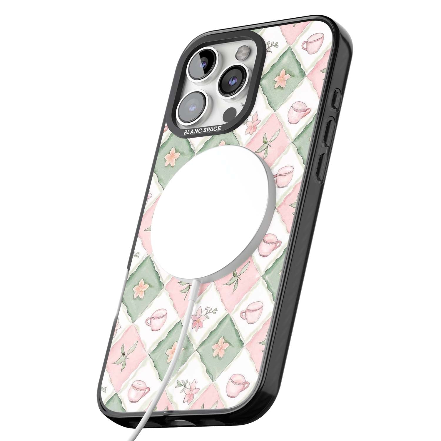 Garden Tea Party coquette iPhone case with pink and green checkered pattern, watercolour teacups and wildflowers | Black Impact Magsafe case for iPhone 16 Pro, iPhone 16 Pro Max
