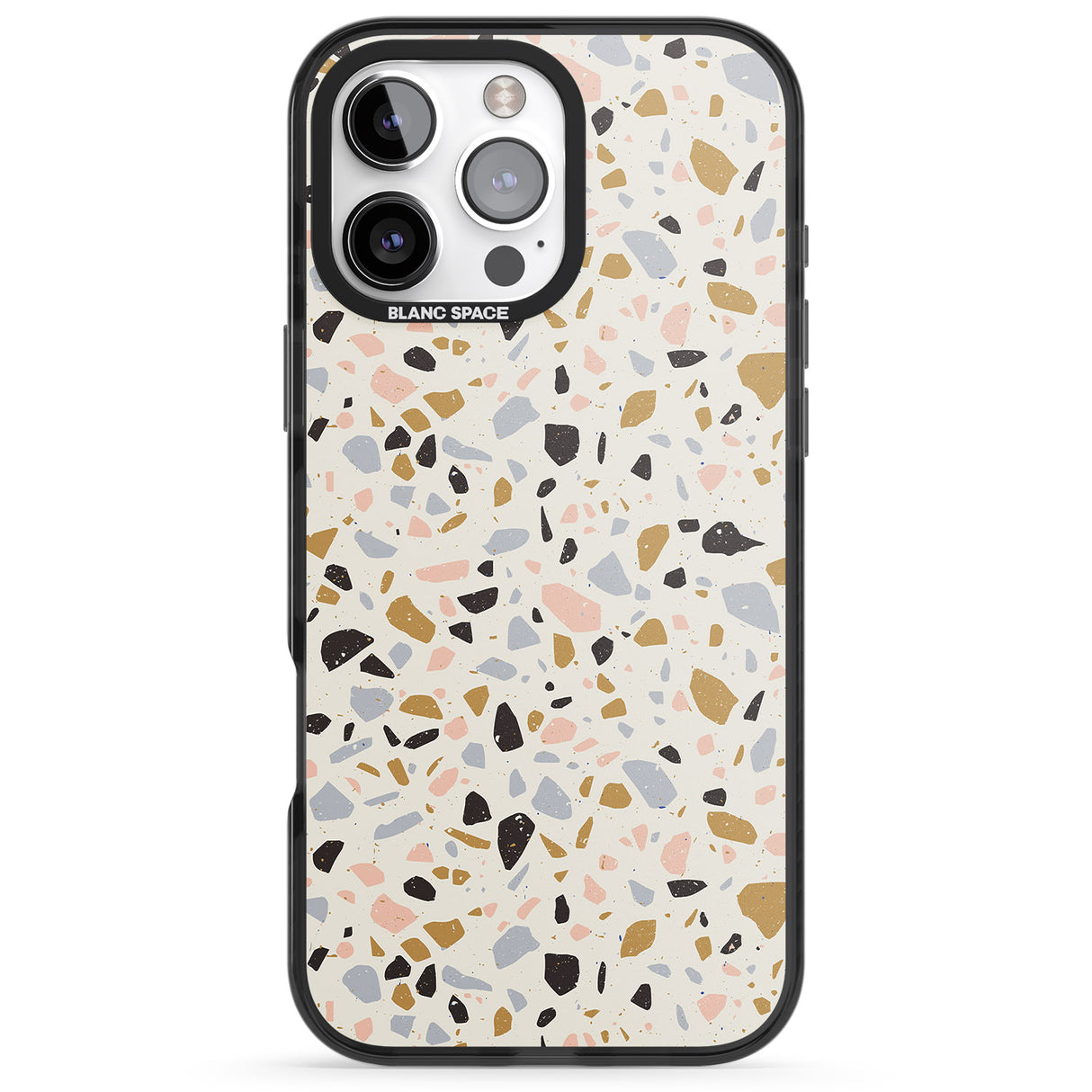 iPhone 16 Pro Max Pale Pink, Blue, & Mocha Terrazzo Pattern Black Impact Phone Case