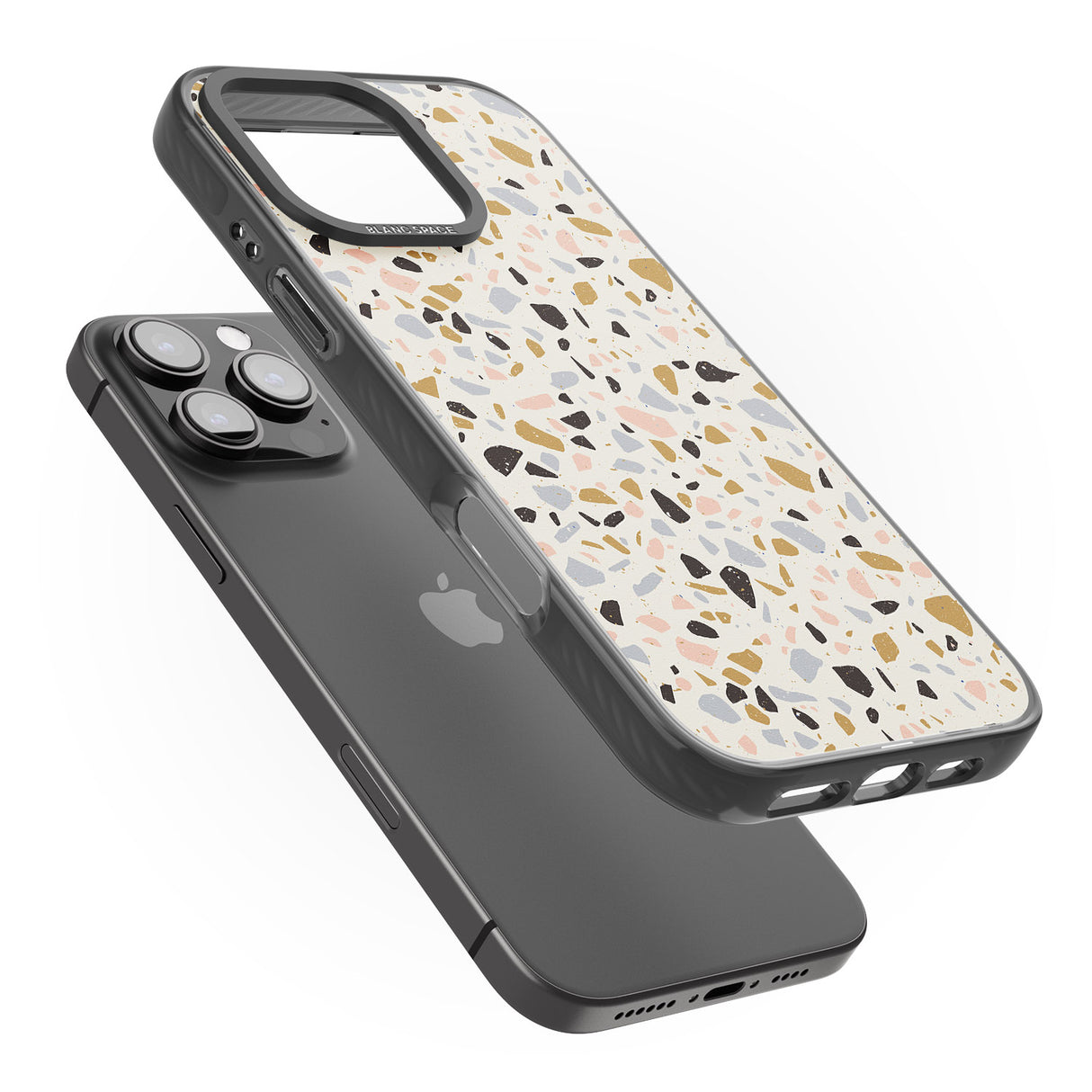 iPhone 16 Pro Max Pale Pink, Blue, & Mocha Terrazzo Pattern Black Impact Phone Case