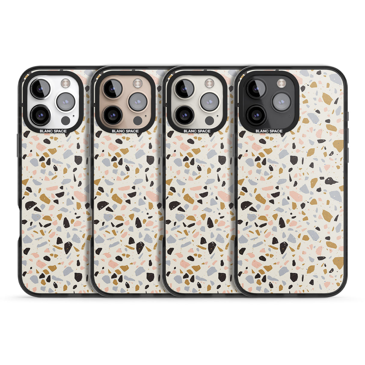 iPhone 16 Pro Max Pale Pink, Blue, & Mocha Terrazzo Pattern Black Impact Phone Case