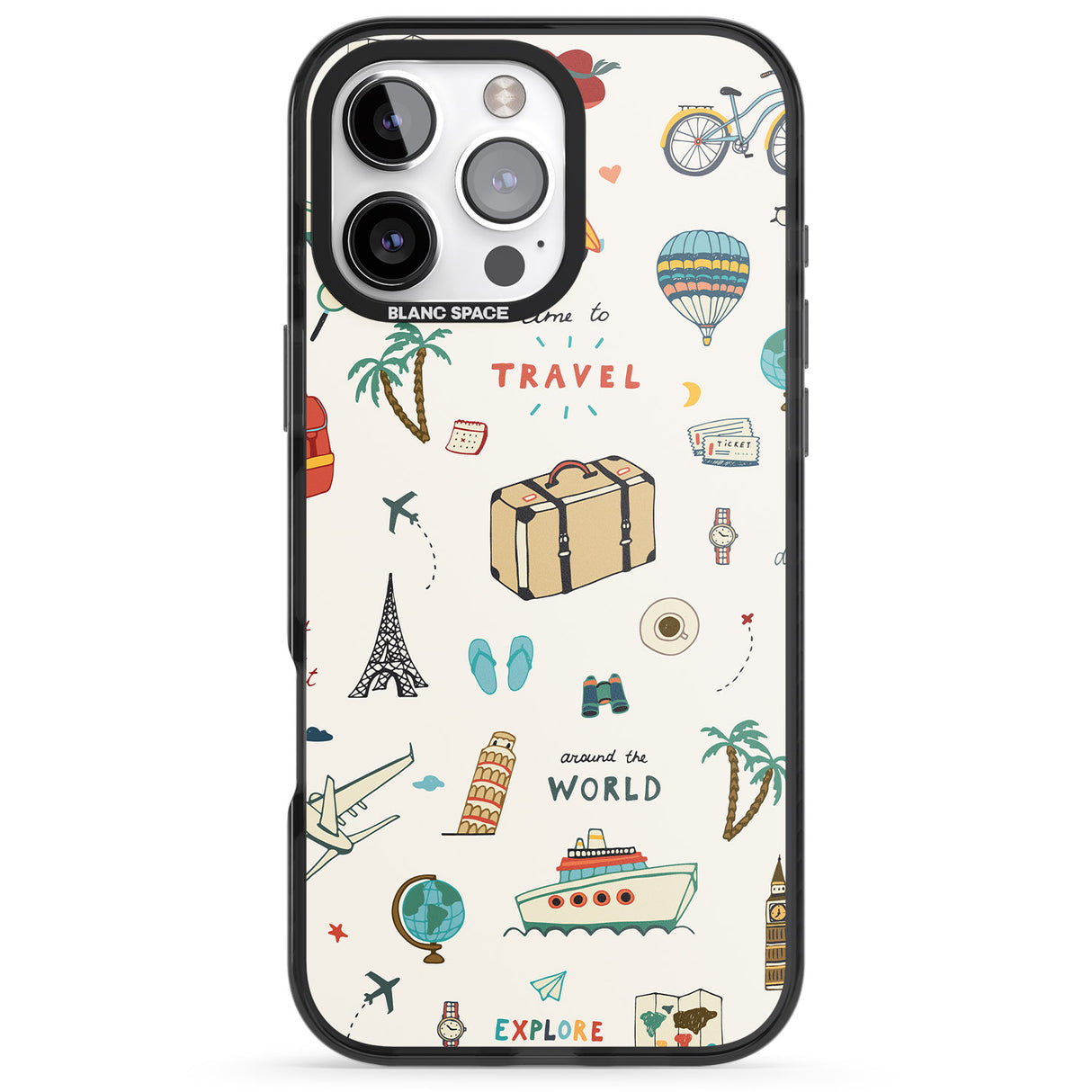 iPhone 16 Pro Max Cute Travel Pattern Cream Black Impact Phone Case