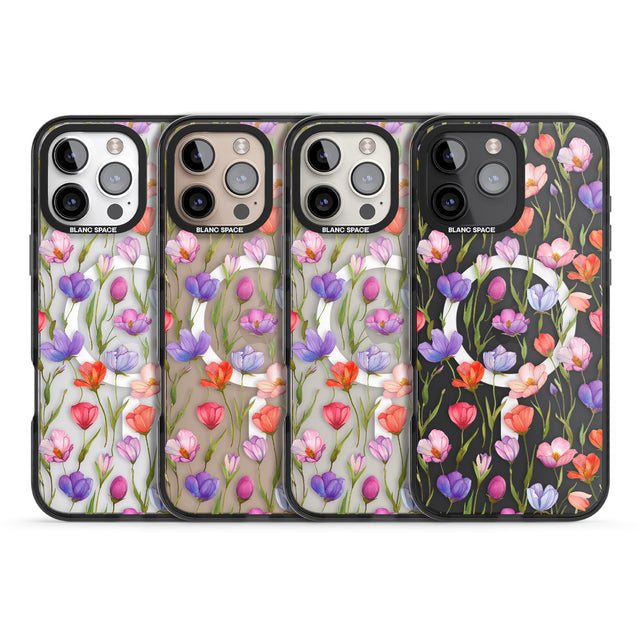 iPhone 16 Pro Max Red, Pink & Purple Flowers Black Impact Phone Case + Magsafe