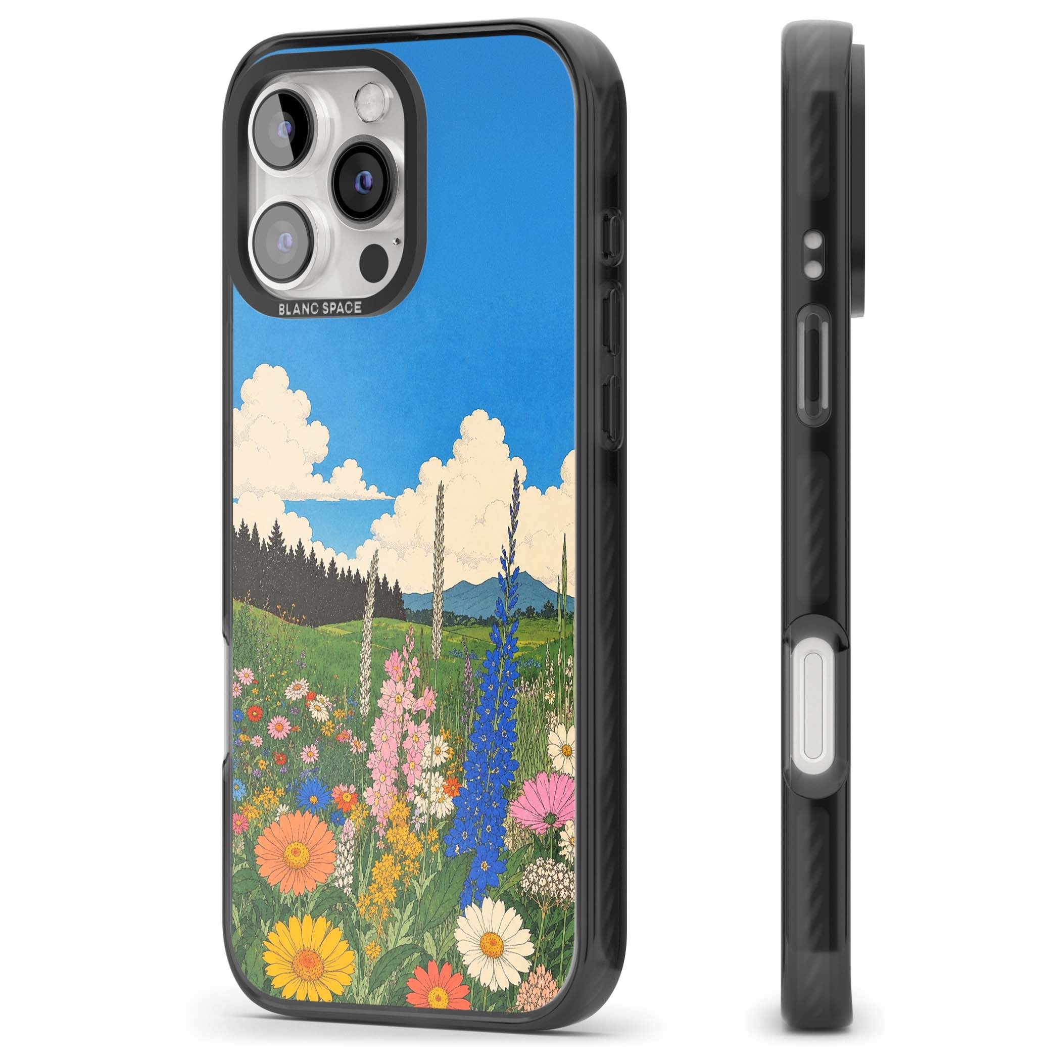 Wildbloom wildflower iPhone case featuring a vintage Japanese-style meadow landscape with daisies, delphiniums and moun | Black Impact Magsafe case for iPhone 16 Pro, iPhone 16 Pro Max