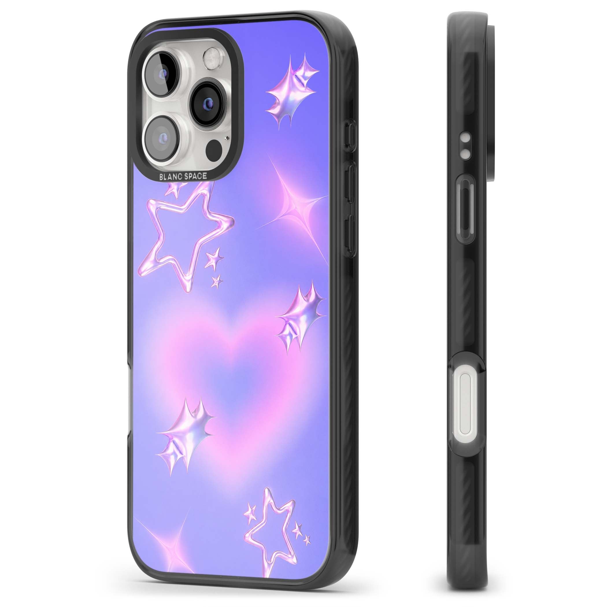 Soft Sugar Y2K iPhone case featuring iridescent chrome hearts, metallic pink stars and a lavender gradient sky | Black Impact Magsafe case for iPhone 16 Pro, iPhone 16 Pro Max