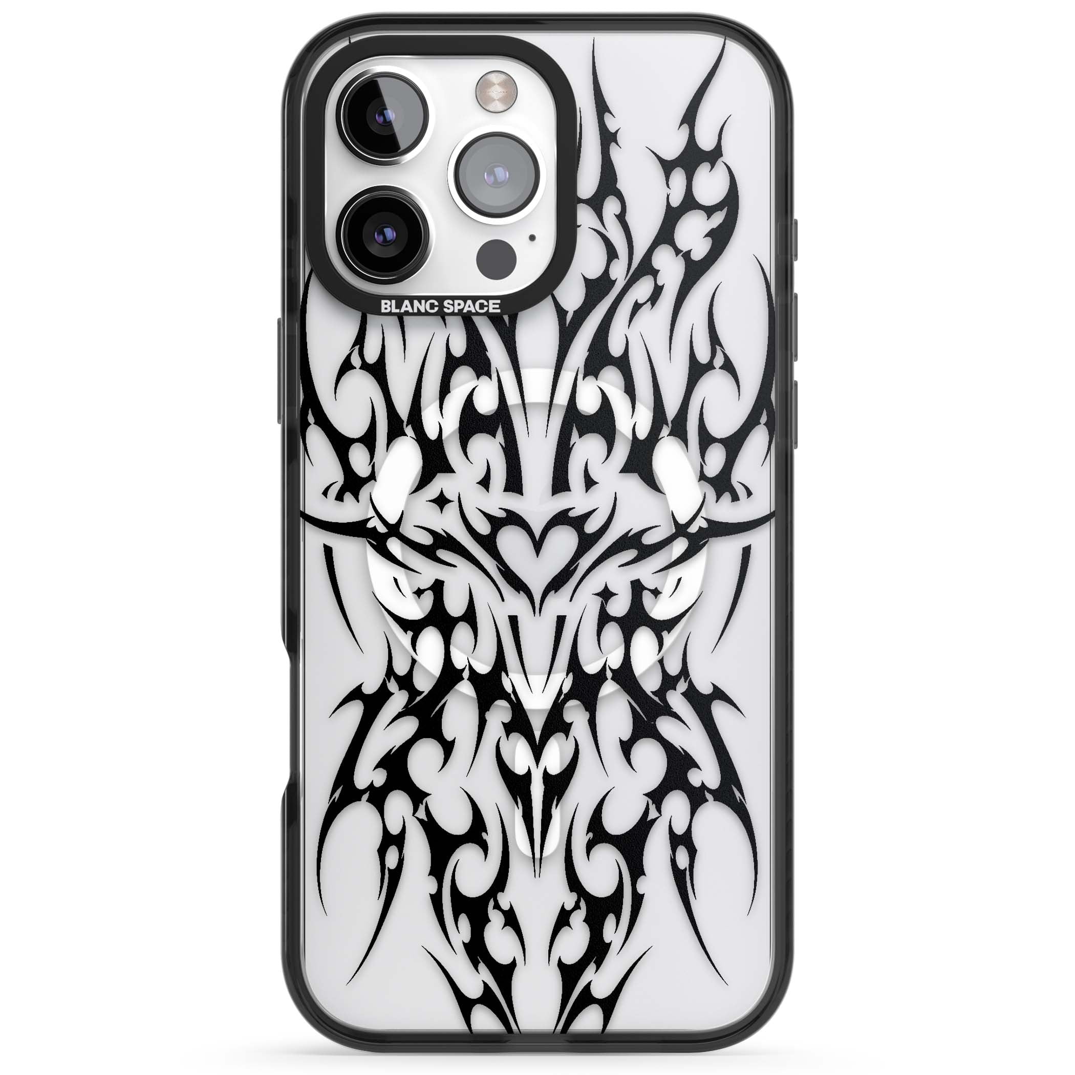Neo Tribal Heart gothic iPhone case featuring symmetrical black tribal tattoo art with sharp thorn-like linework | Black Impact Magsafe case for iPhone 16 Pro, iPhone 16 Pro Max
