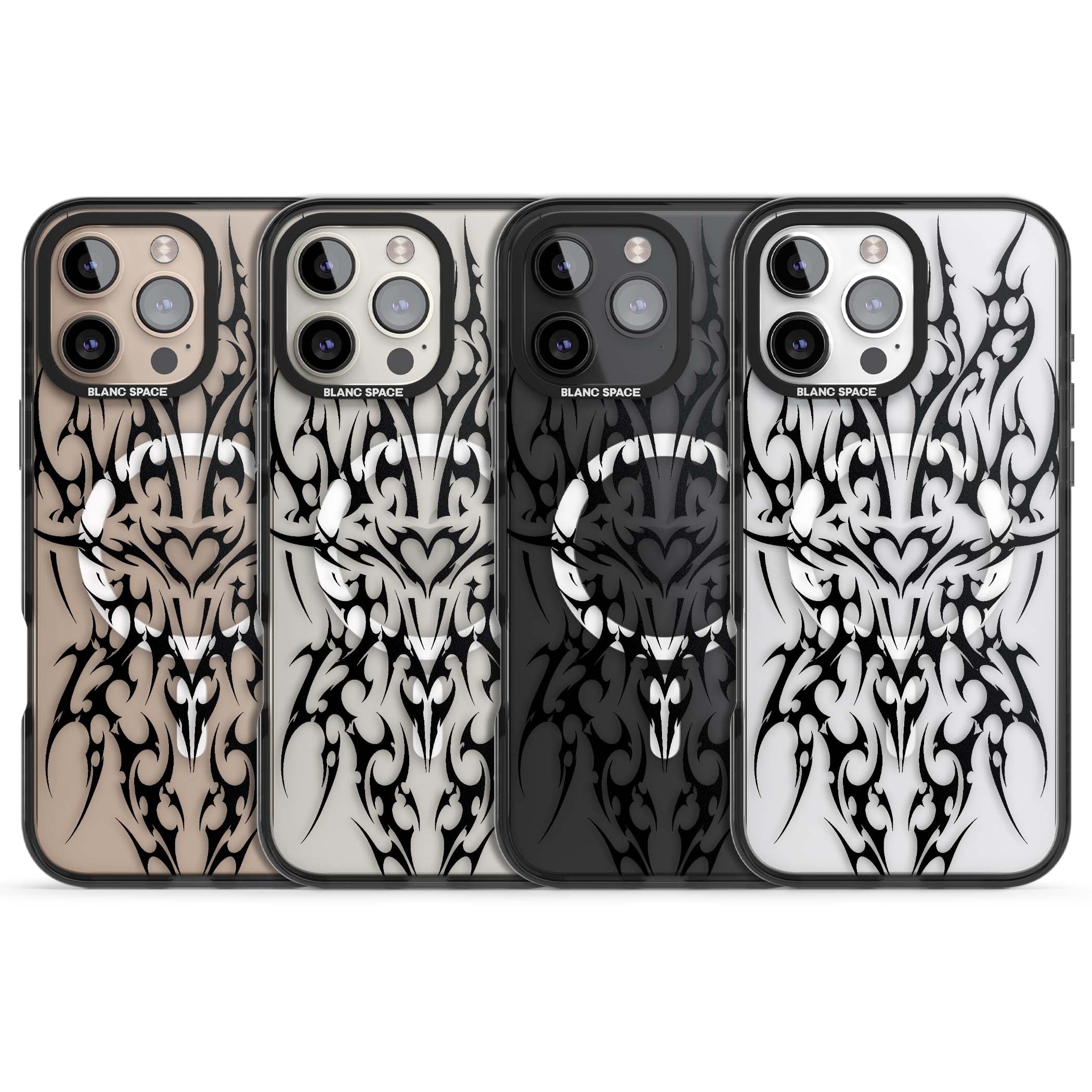 Neo Tribal Heart gothic iPhone case featuring symmetrical black tribal tattoo art with sharp thorn-like linework | Black Impact Magsafe case for iPhone 16 Pro, iPhone 16 Pro Max