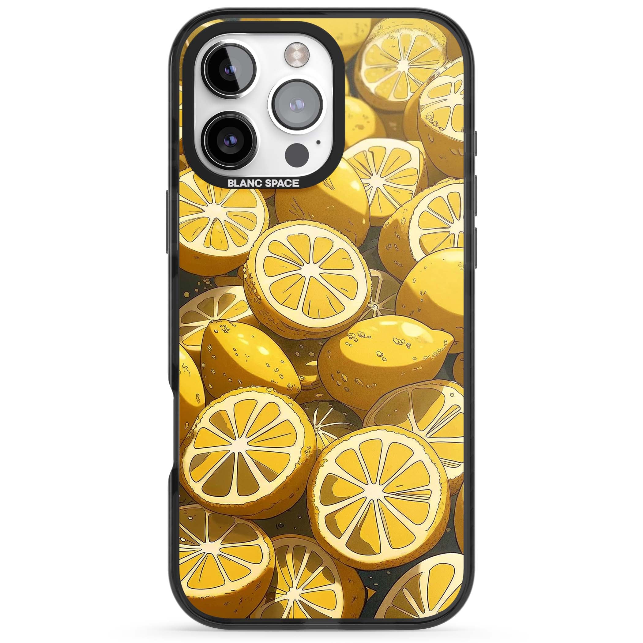 Zesty coastal iPhone case featuring illustrated Mediterranean lemons and citrus slices in golden yellow | Black Impact Magsafe case for iPhone 16 Pro, iPhone 16 Pro Max