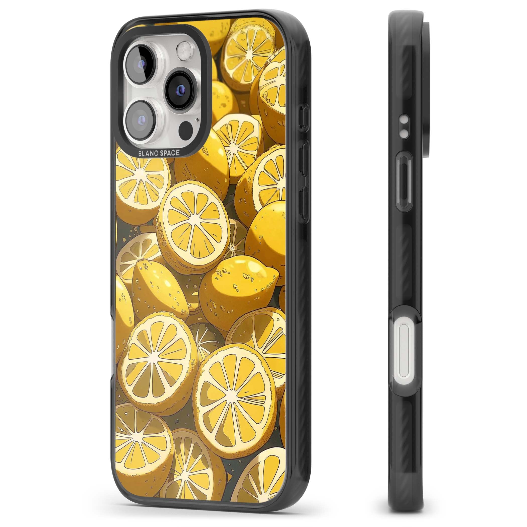 Zesty coastal iPhone case featuring illustrated Mediterranean lemons and citrus slices in golden yellow | Black Impact Magsafe case for iPhone 16 Pro, iPhone 16 Pro Max