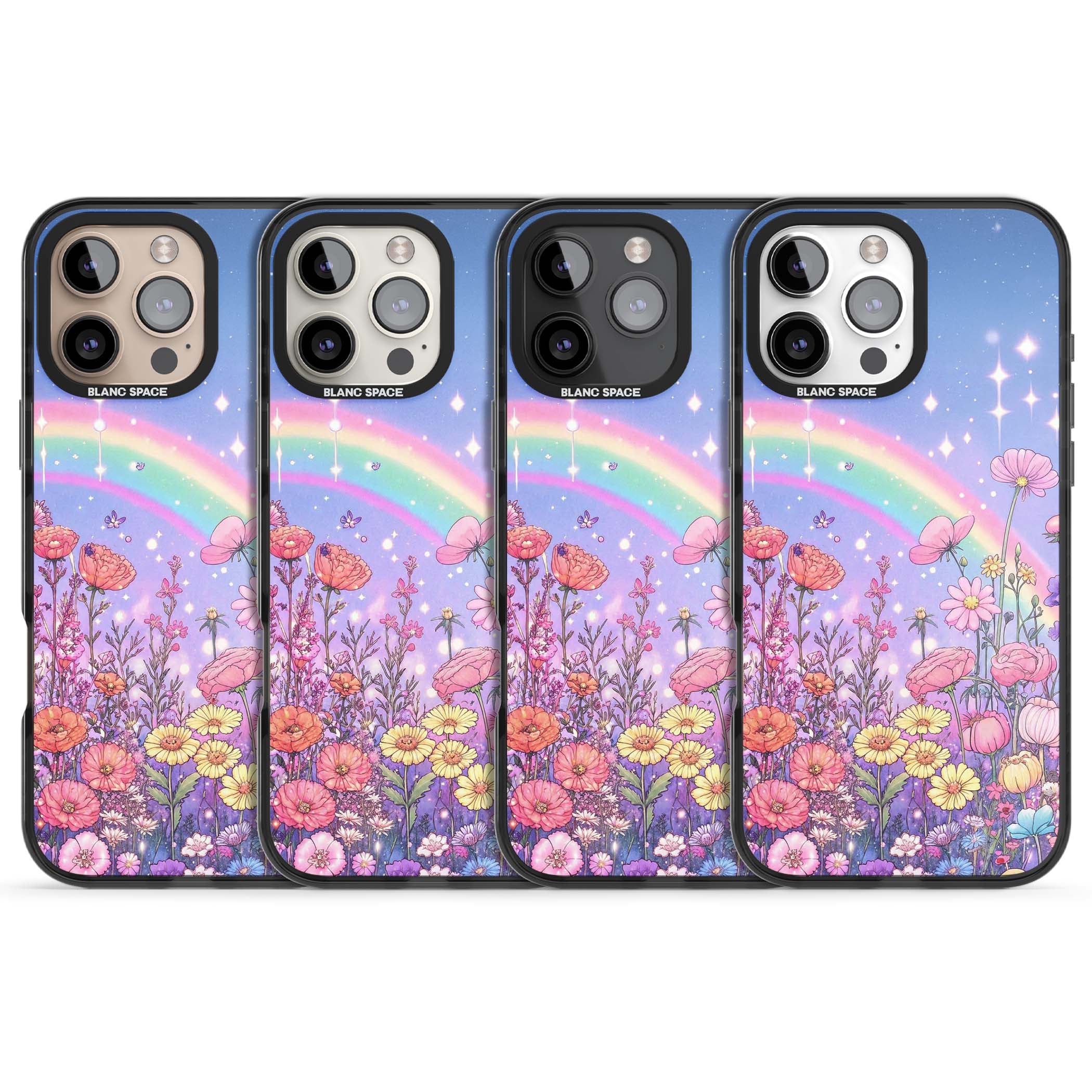 Magical Meadow fairycore iPhone case featuring a pastel rainbow, sparkling stars and a wildflower meadow | Black Impact case for iPhone 16 Pro, iPhone 16 Pro Max