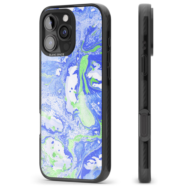 iPhone 16 Pro Max Dark Blue & Green Marbled Paper Pattern Black Impact Phone Case